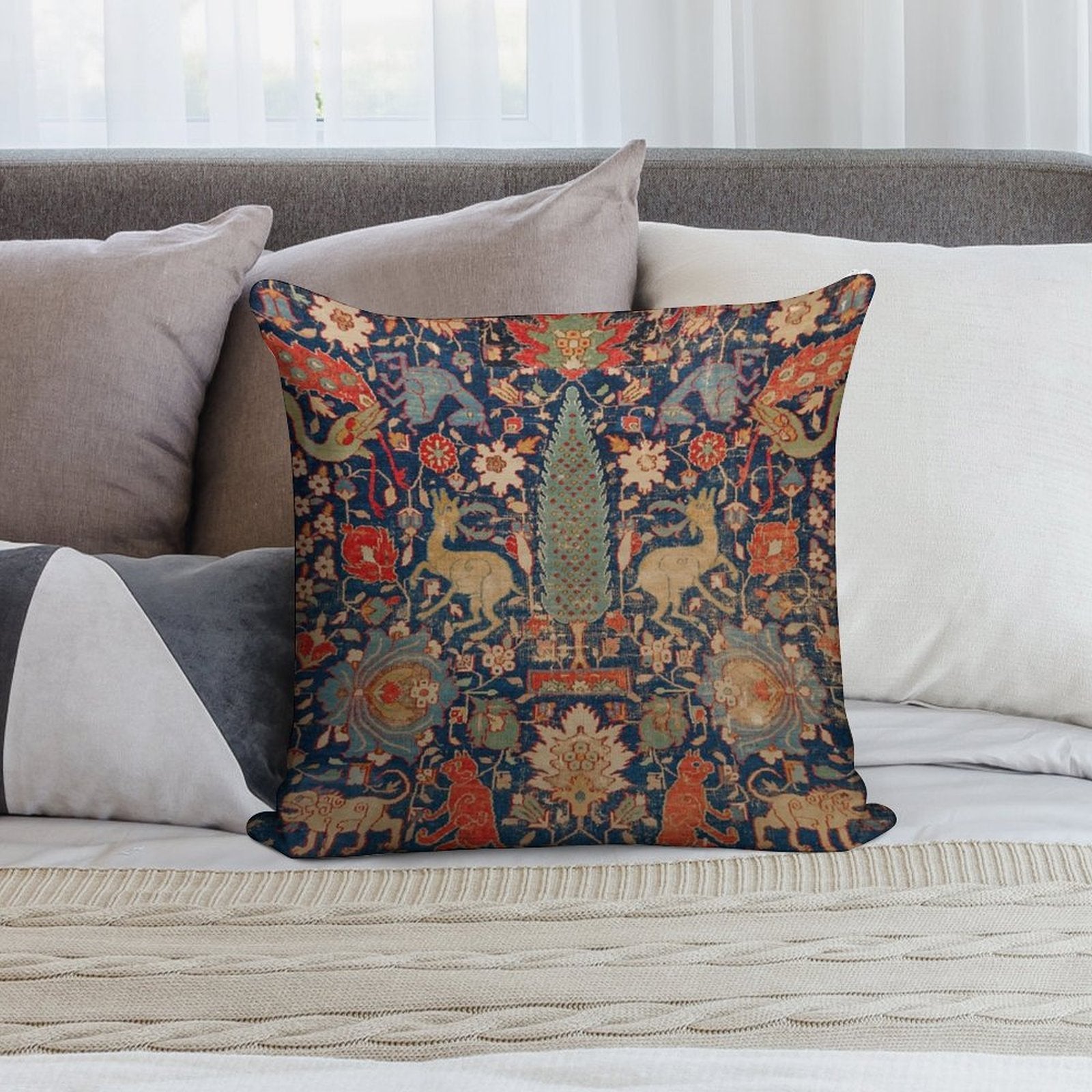 17th Century Persian Rug Print with Animals Soft Warmth Comfort Throw Pillow