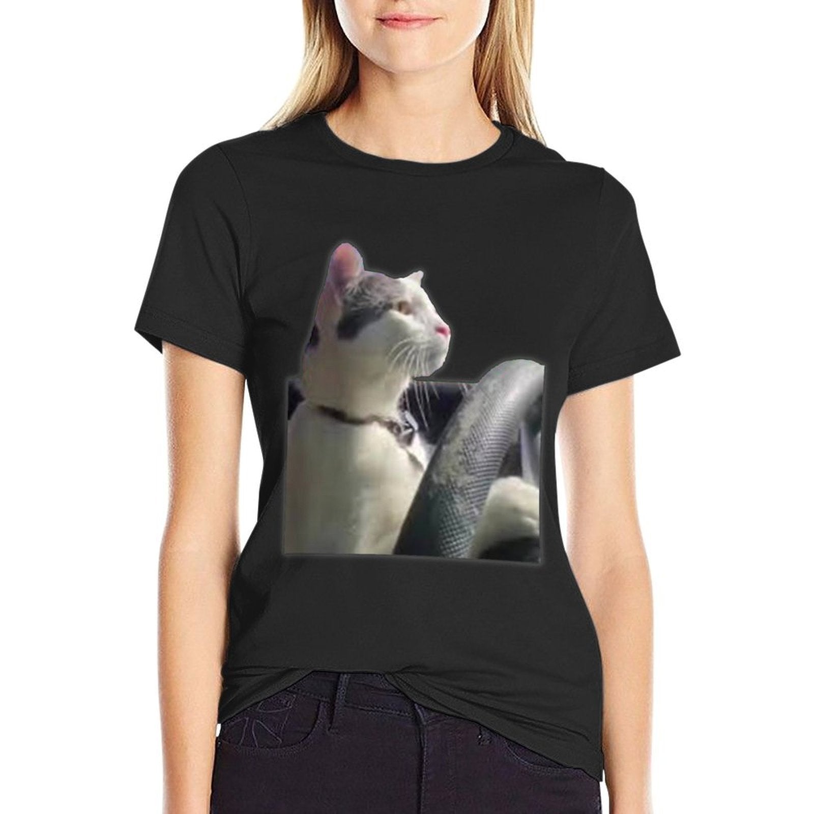 2000Clothes Cat Driving Meme - Black, Unisex-Adults, Short Sleeve, Small, Classic Fit, Cotton Blend, Modern Casual, Everyday, An Comfortable T-Shirt
