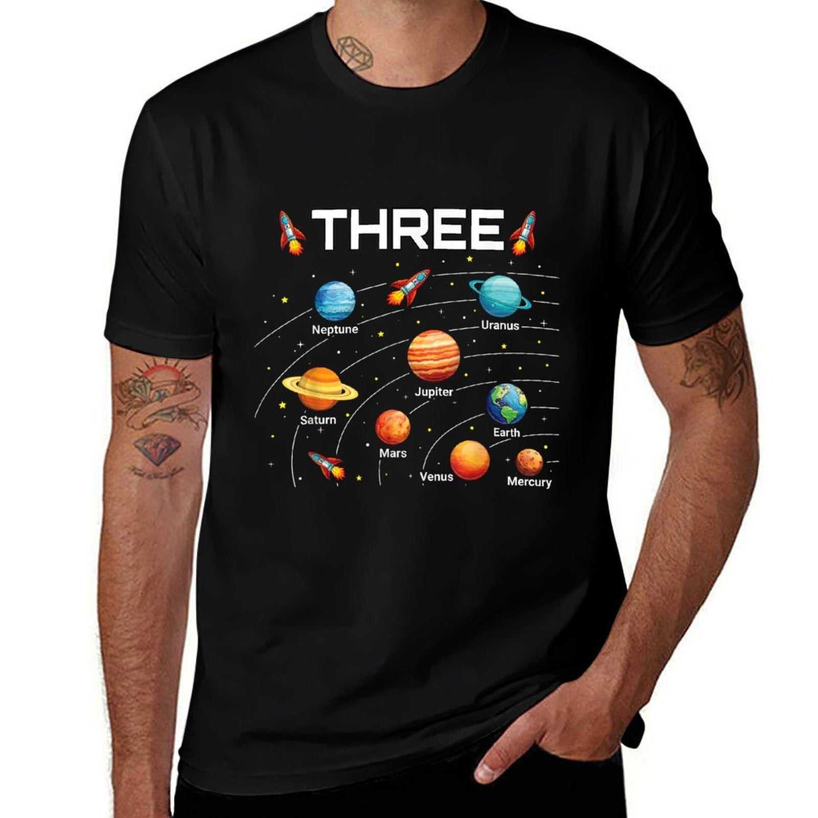 3 Year Old Boys Girls Space Planets 3rd Birthday Boy  Heathered Texture T-Shirt