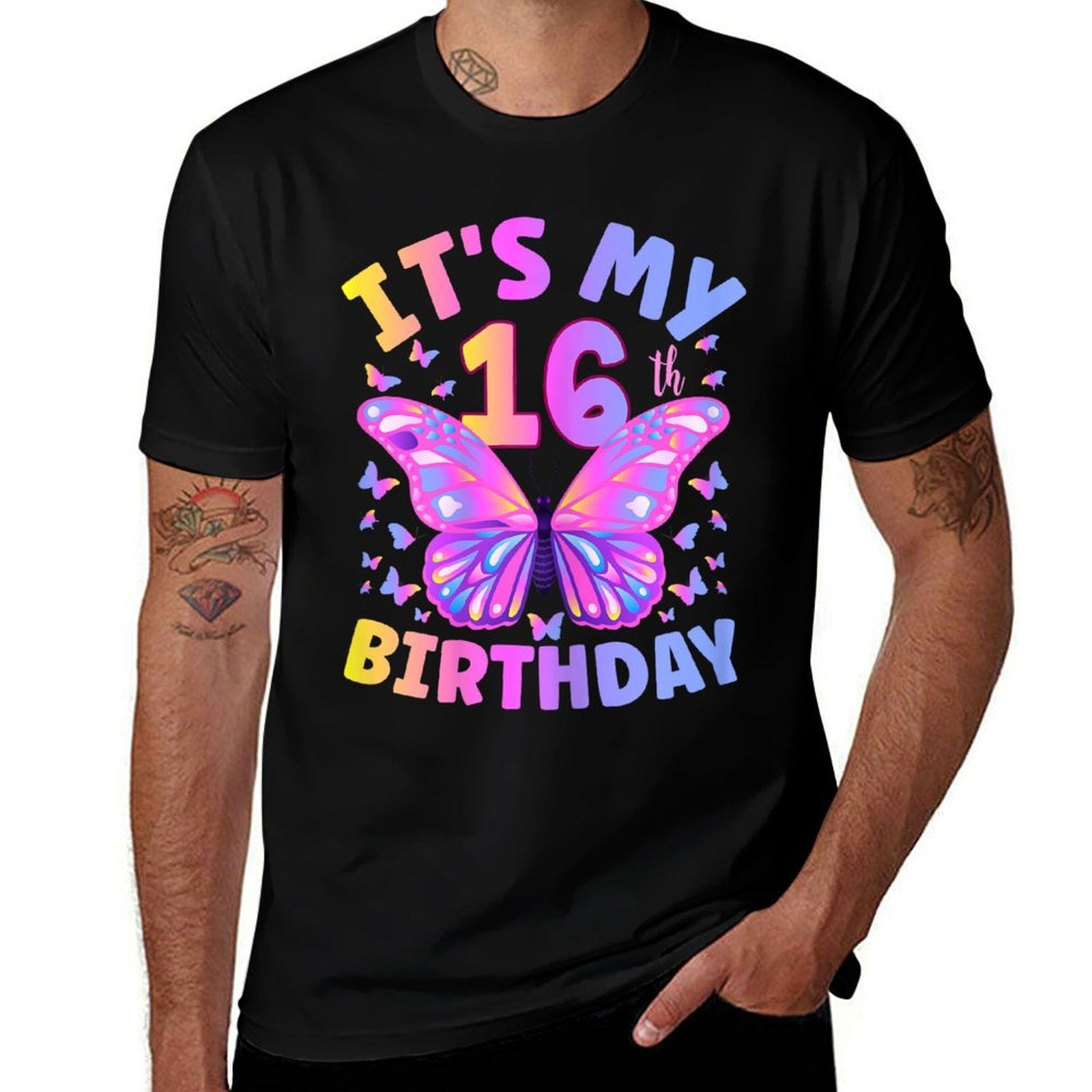 16th Birthday Girls 16 Year Old Butterfly Birthday  Rolled Sleeves T-Shirt