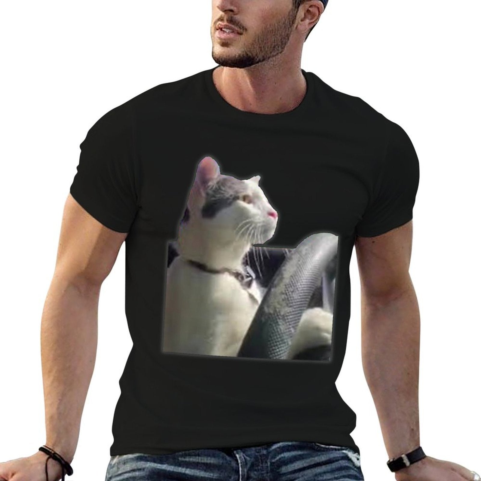2000Clothes Cat Driving Meme - Black, Unisex-Adults, Short Sleeve, Small, Classic Fit, Cotton Blend, Modern Casual, Everyday, An Comfortable T-Shirt