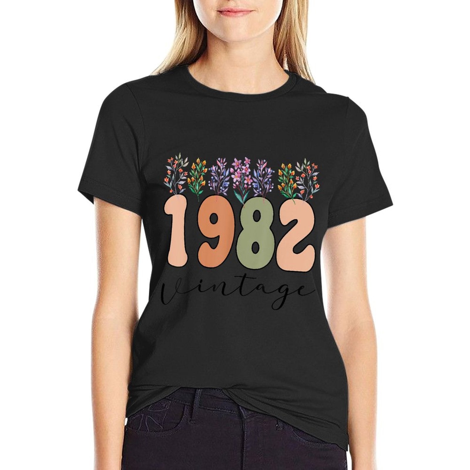 1982 Vintage Year 1982 Birthday Flower  High-quality Stitching T-Shirt