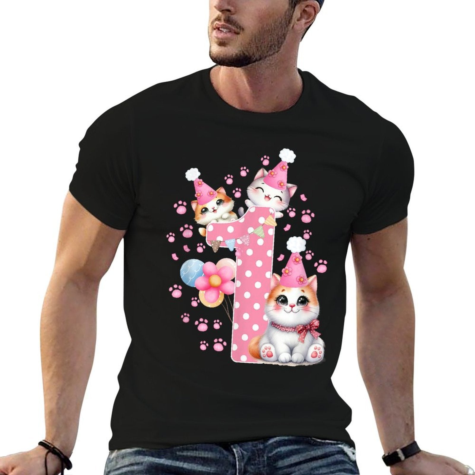 1st Birthday Girl Cute Cat Outfit Bday Party 1 Years Old  Polyester Blend T-Shirt