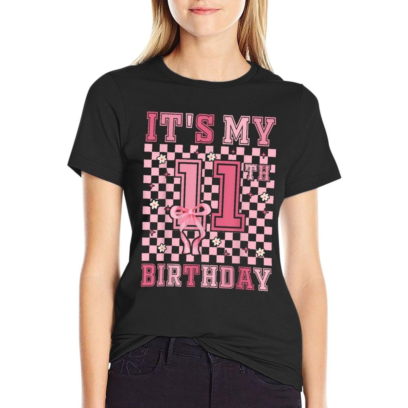 11th Coquette Themed Birthday Eleven Year Old Girl Bow  Ribbed Collar T-Shirt