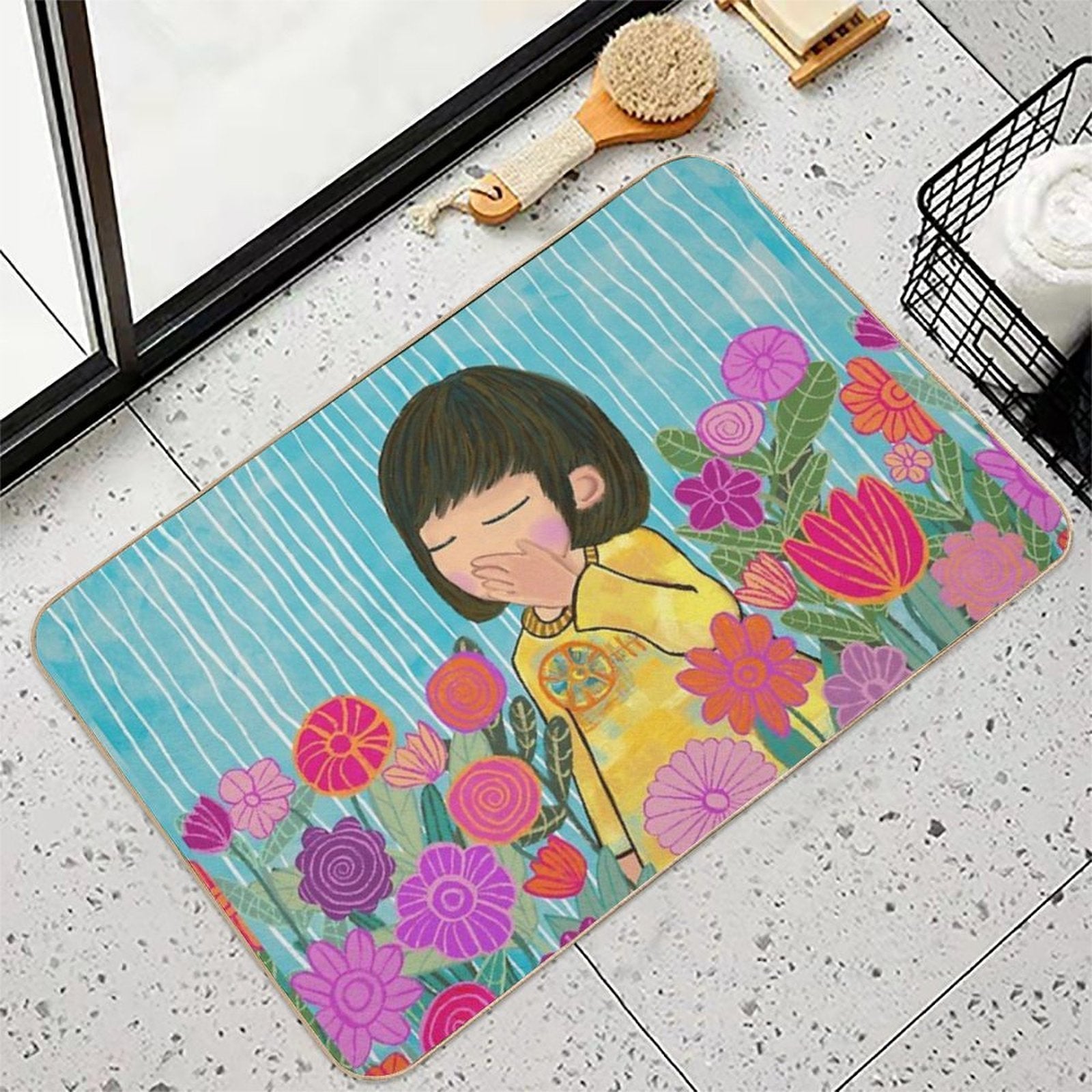 Flower Garden Girl – Healing Illustration  Repositionable Bath Mat