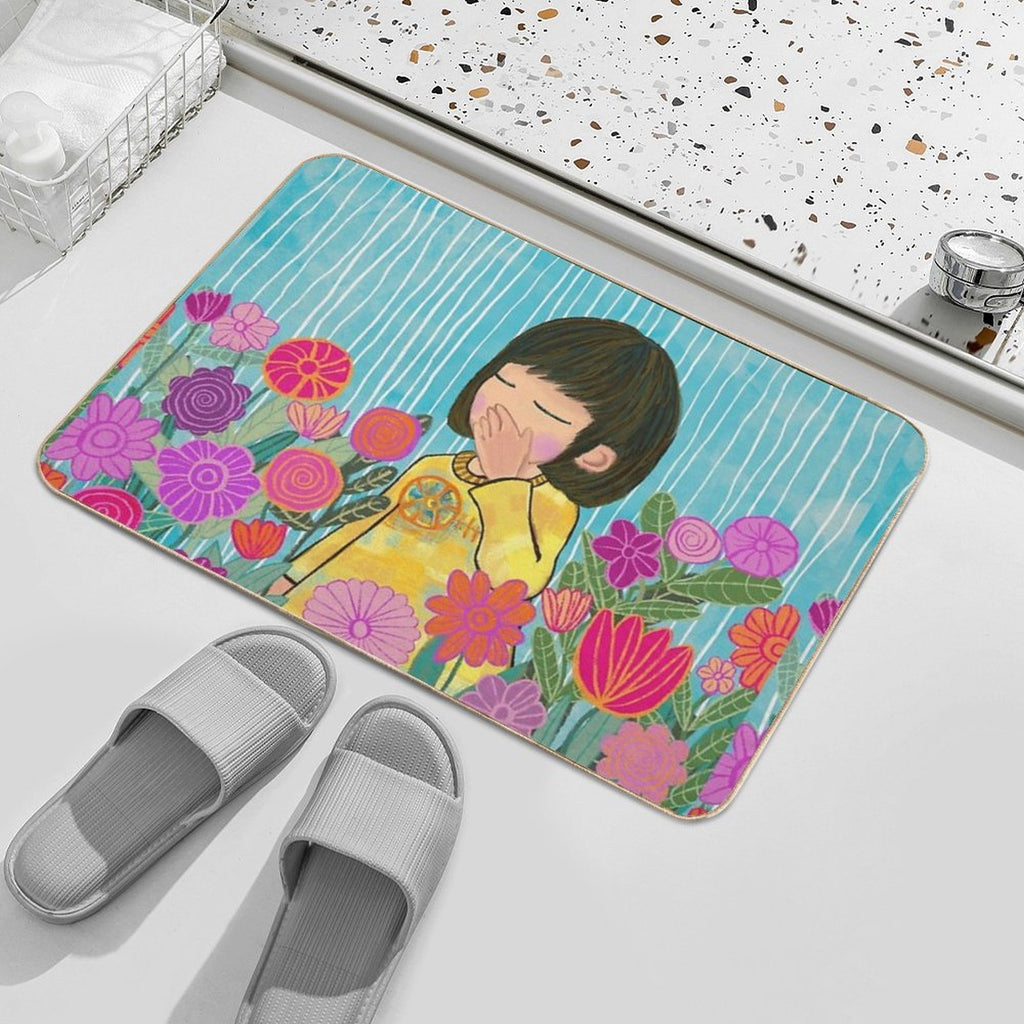 Flower Garden Girl – Healing Illustration  Repositionable Bath Mat