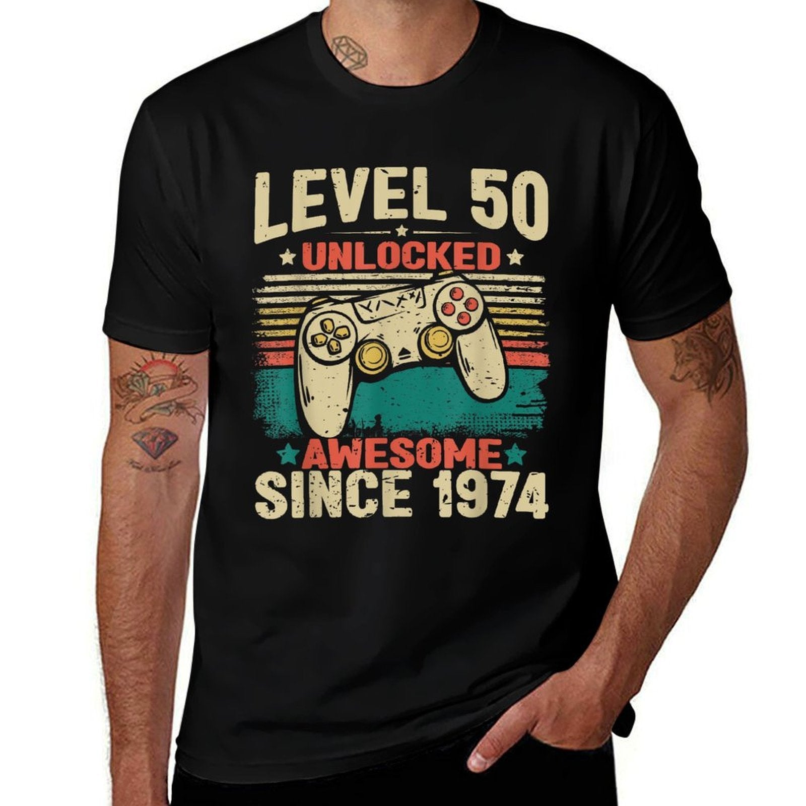 50 Birthday Decorations Gamer Men Video 1974 50th Birthday  Fade-proof Color T-Shirt