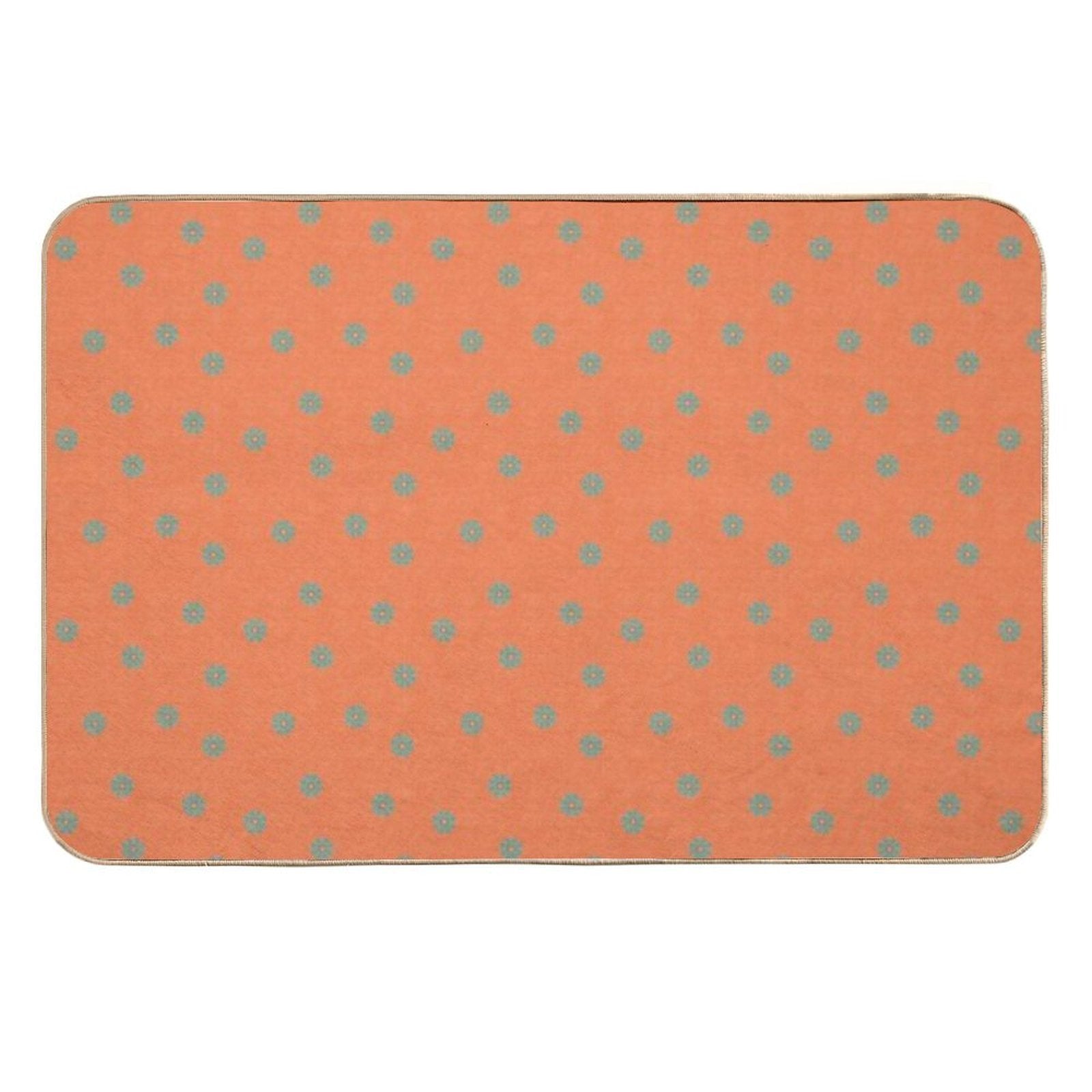 70s Retro Scattered Blue Florals With Orange Woven Textured Background  Long-Lasting Bath Mat