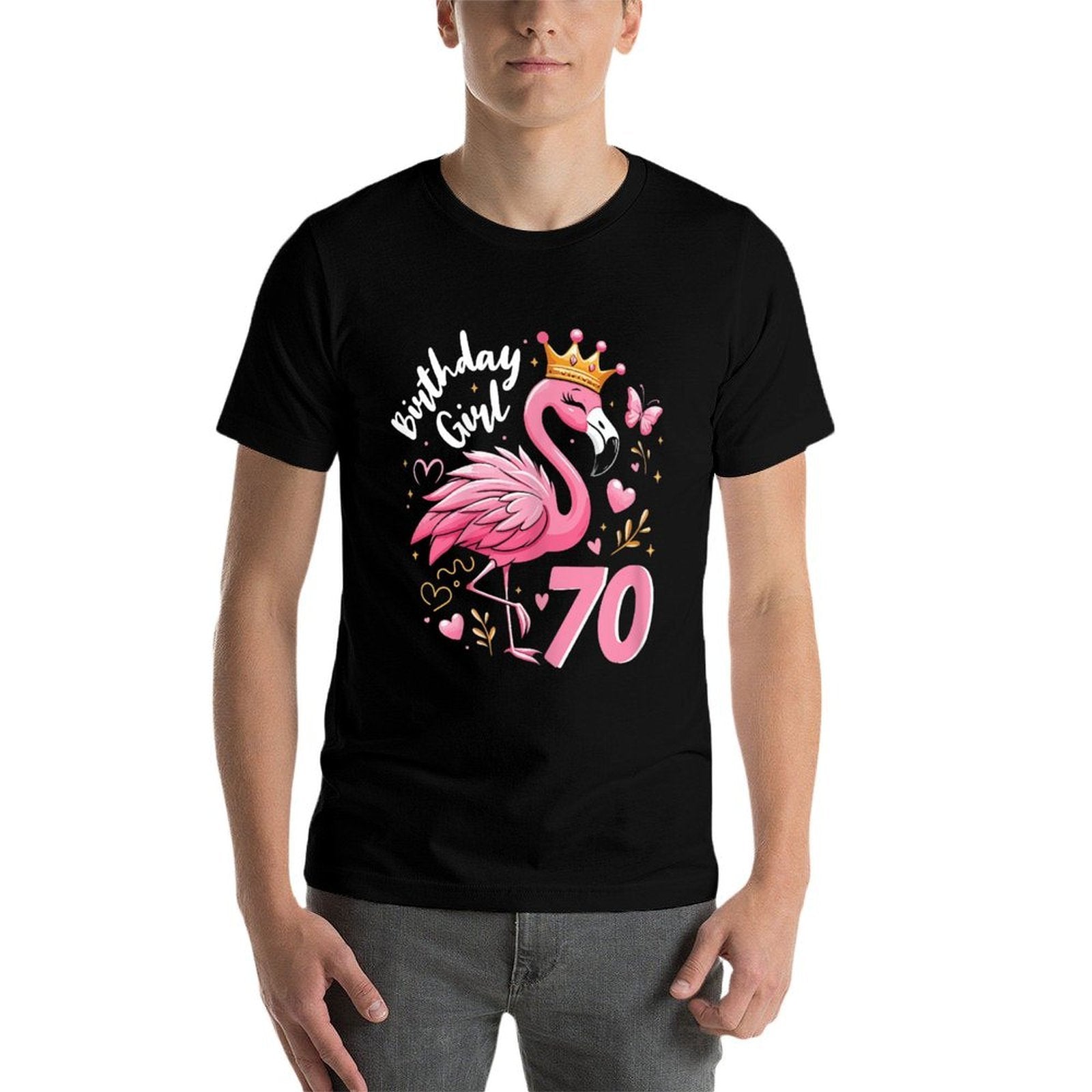 70th Birthday Gift Flamingo Fan 70 Year Old Women 70th Bday  High-quality Stitching T-Shirt
