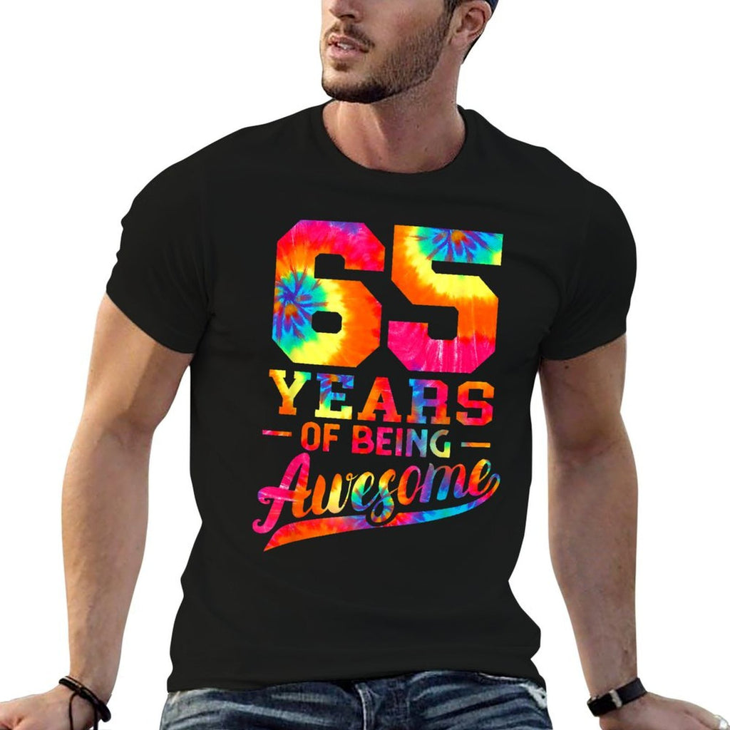 65th Birthday 65 Years Old Awesome Tie Dye Men Women  Ribbed Collar T-Shirt