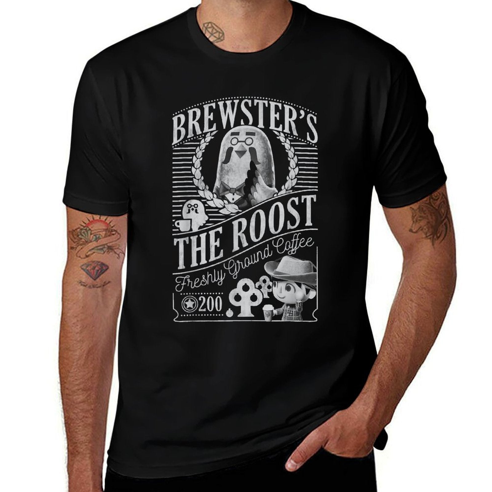 Animal Crossing Brewsters The Roost Graphic  Ribbed Collar T-Shirt