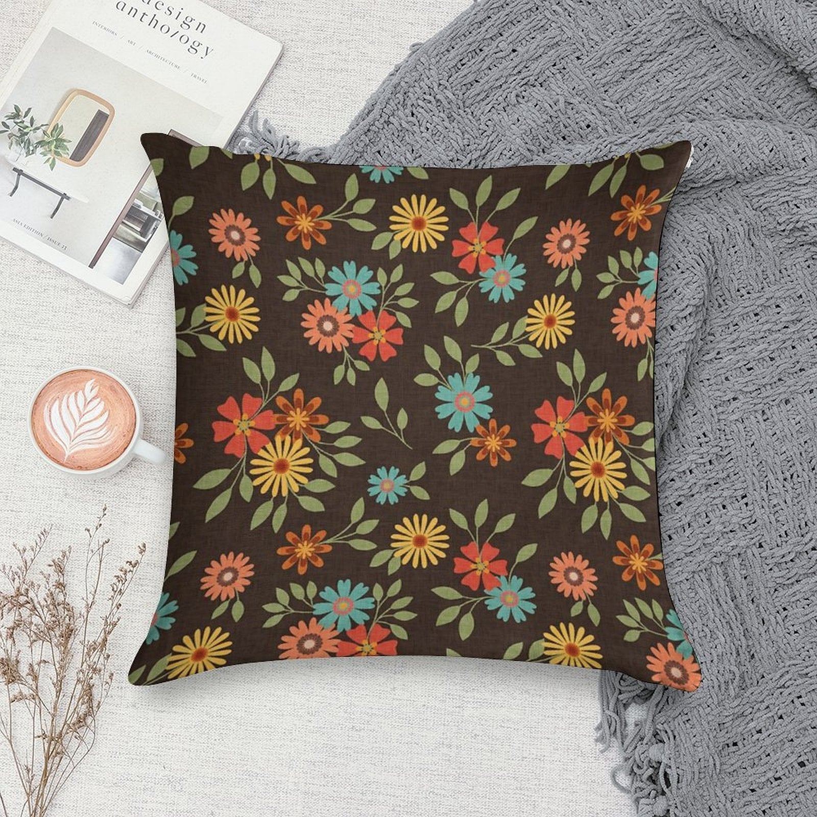 70s Retro Floral Clusters With A Woven Textured Background Soft Anti-Pilling Throw Pillow
