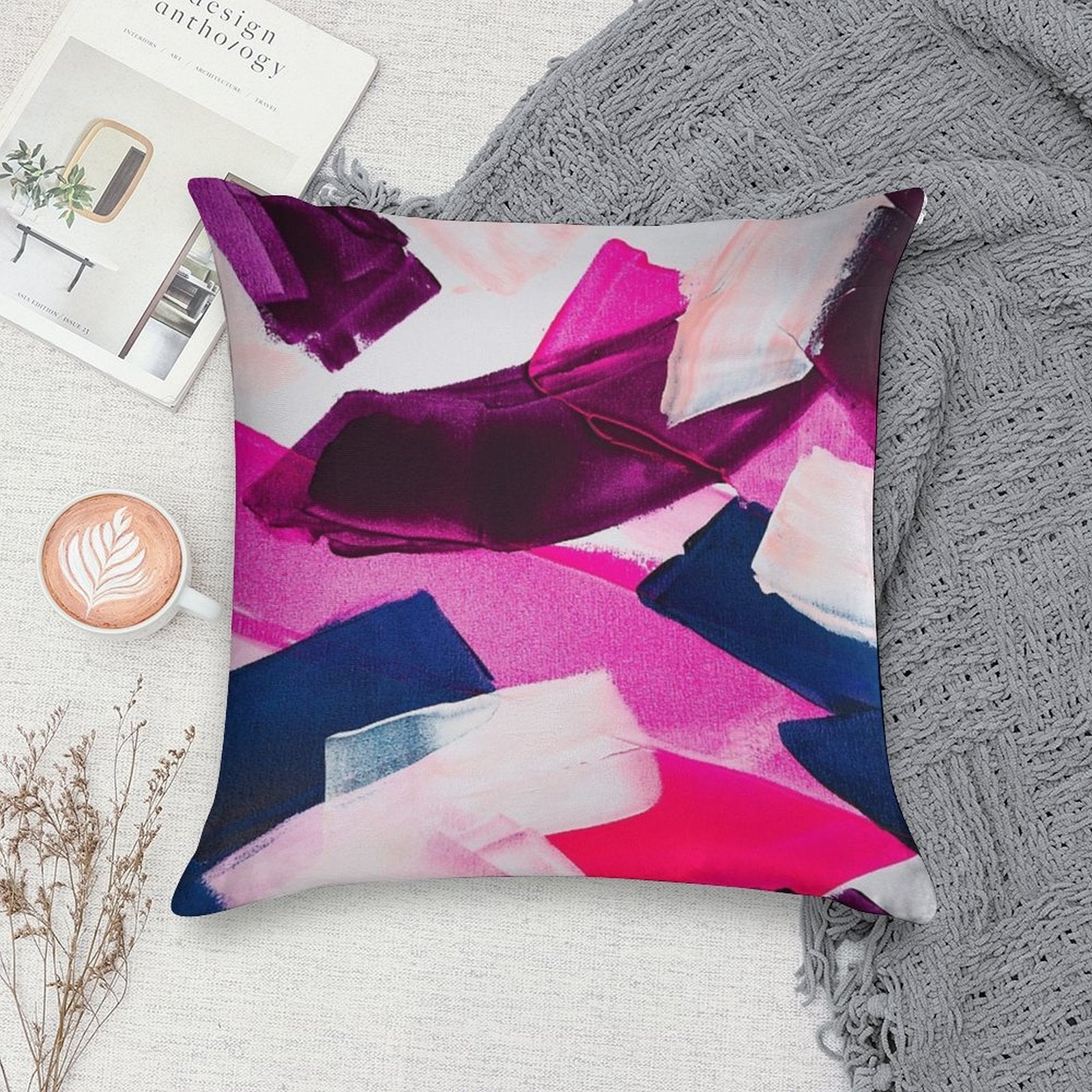 Abstract Art  -  Pink And Navy Soft Hidden Zipper Throw Pillow