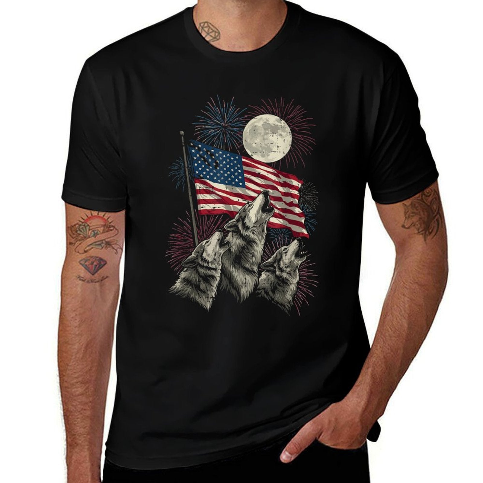 4th Of July Wolves Moon Meme Funny USA Men Women Kids  Quick-drying T-Shirt