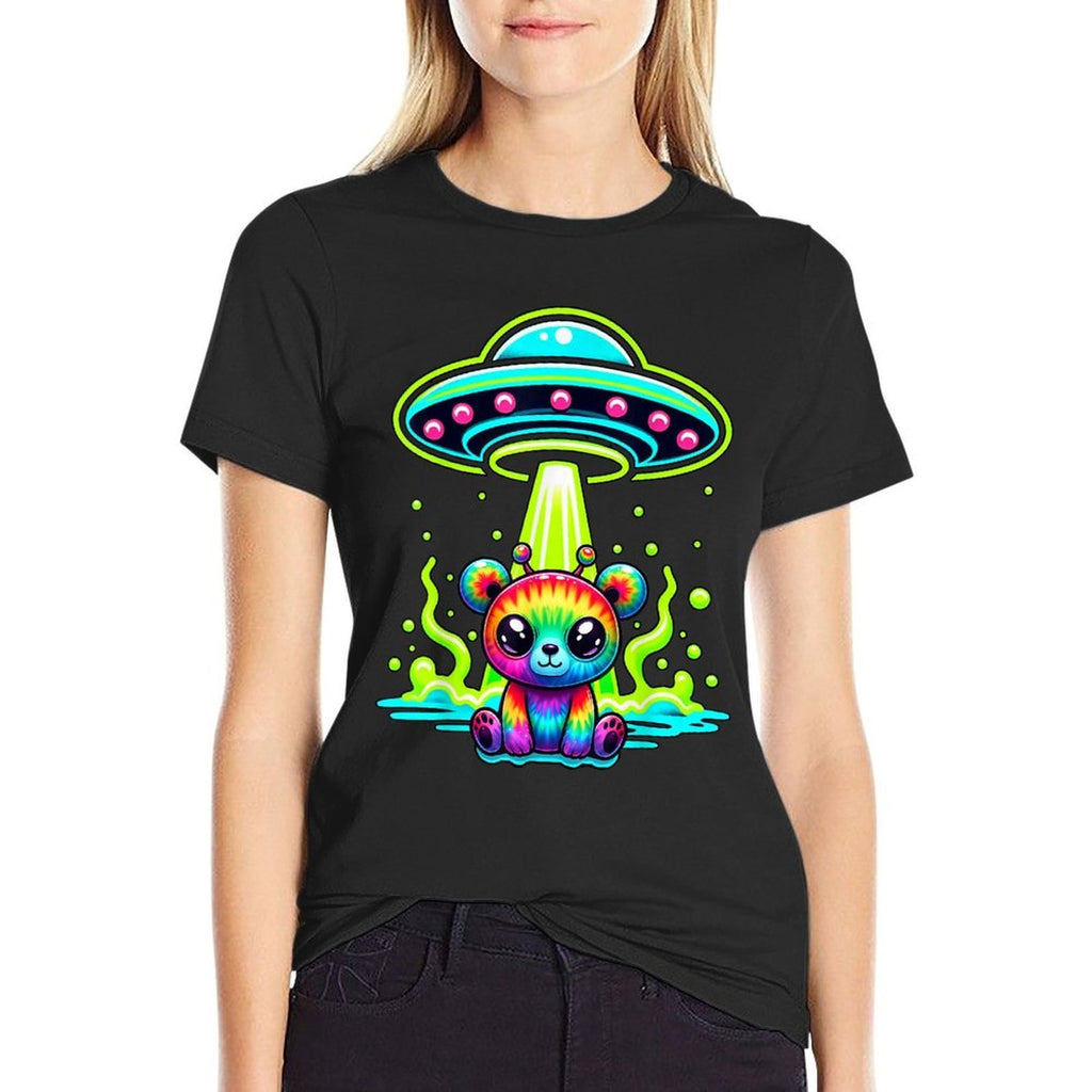 Alien Bear Rainbow Tie Dye Look UFO Fun Colorful  Rolled Sleeves T-Shirt