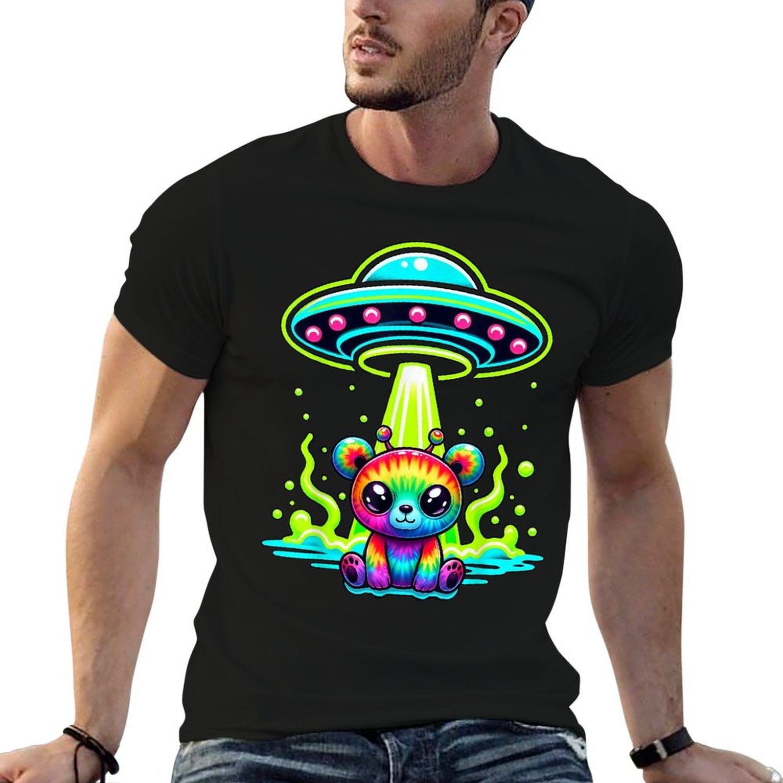 Alien Bear Rainbow Tie Dye Look UFO Fun Colorful  Rolled Sleeves T-Shirt