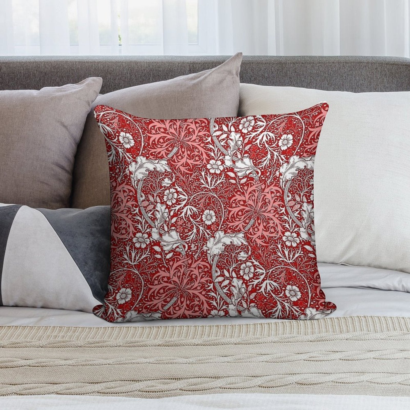 Art Nouveau Seaweed Floral, Coral, Red And White Soft Home Decor Throw Pillow