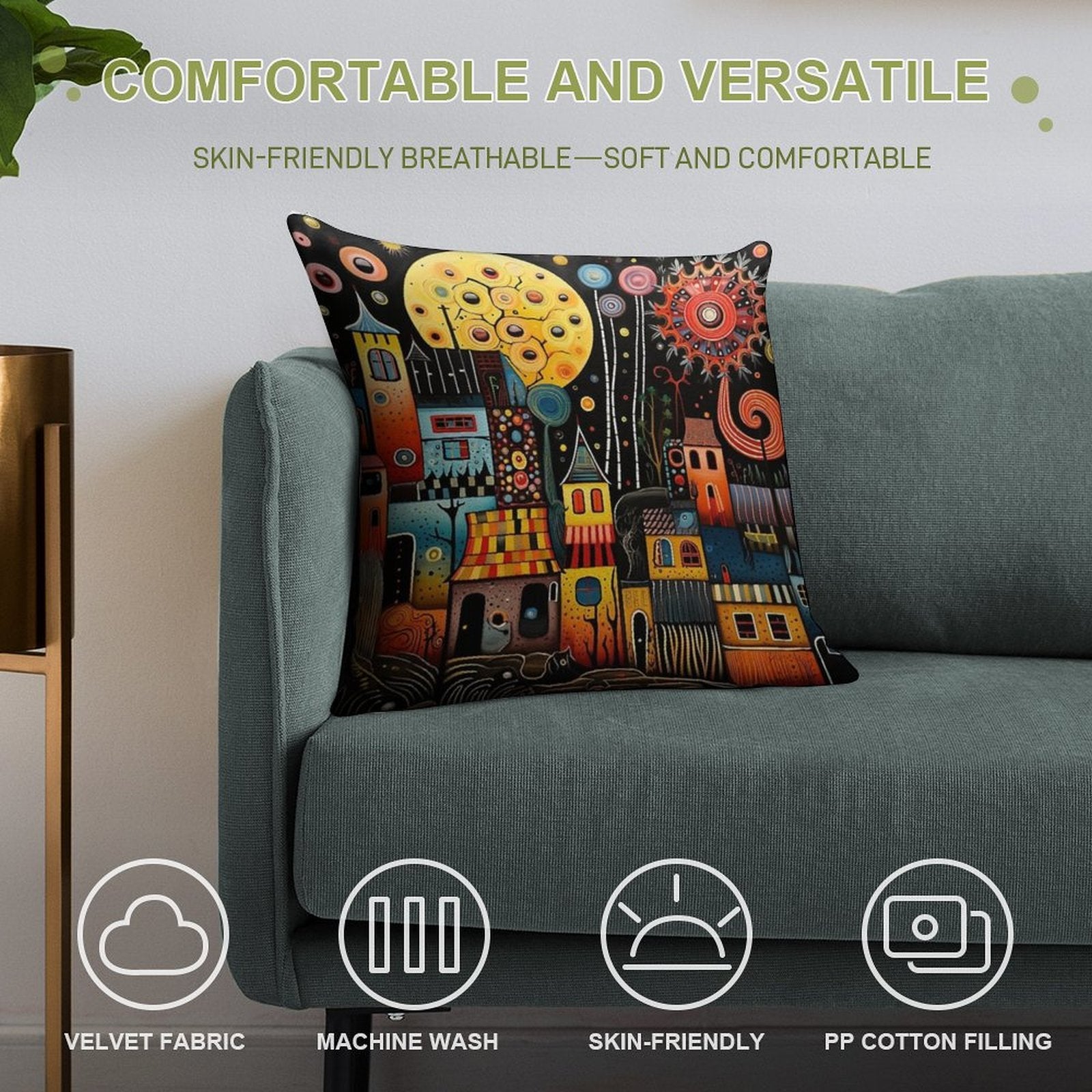 Abstract Folk Art Village Soft Anti-Pilling Throw Pillow