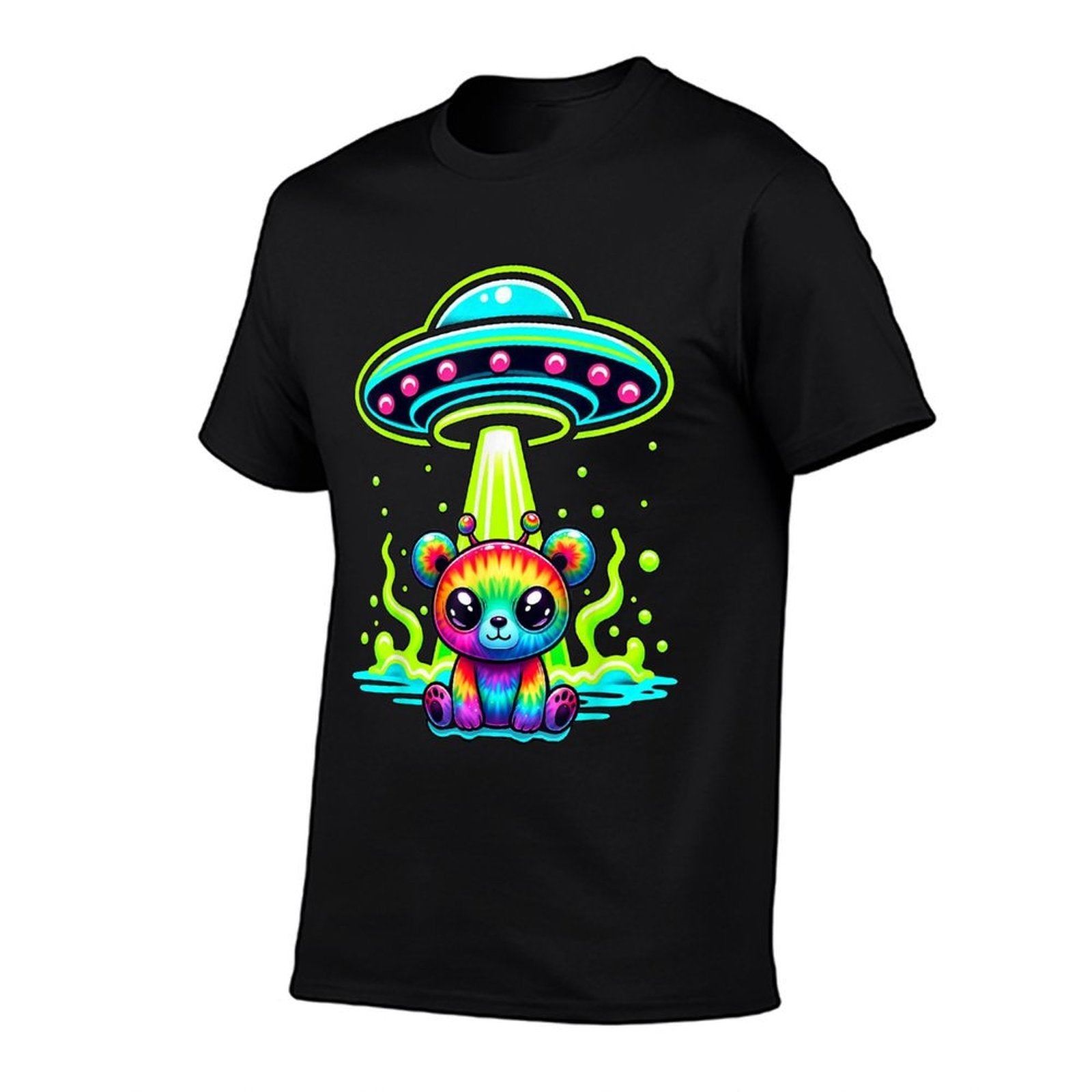 Alien Bear Rainbow Tie Dye Look UFO Fun Colorful  Rolled Sleeves T-Shirt