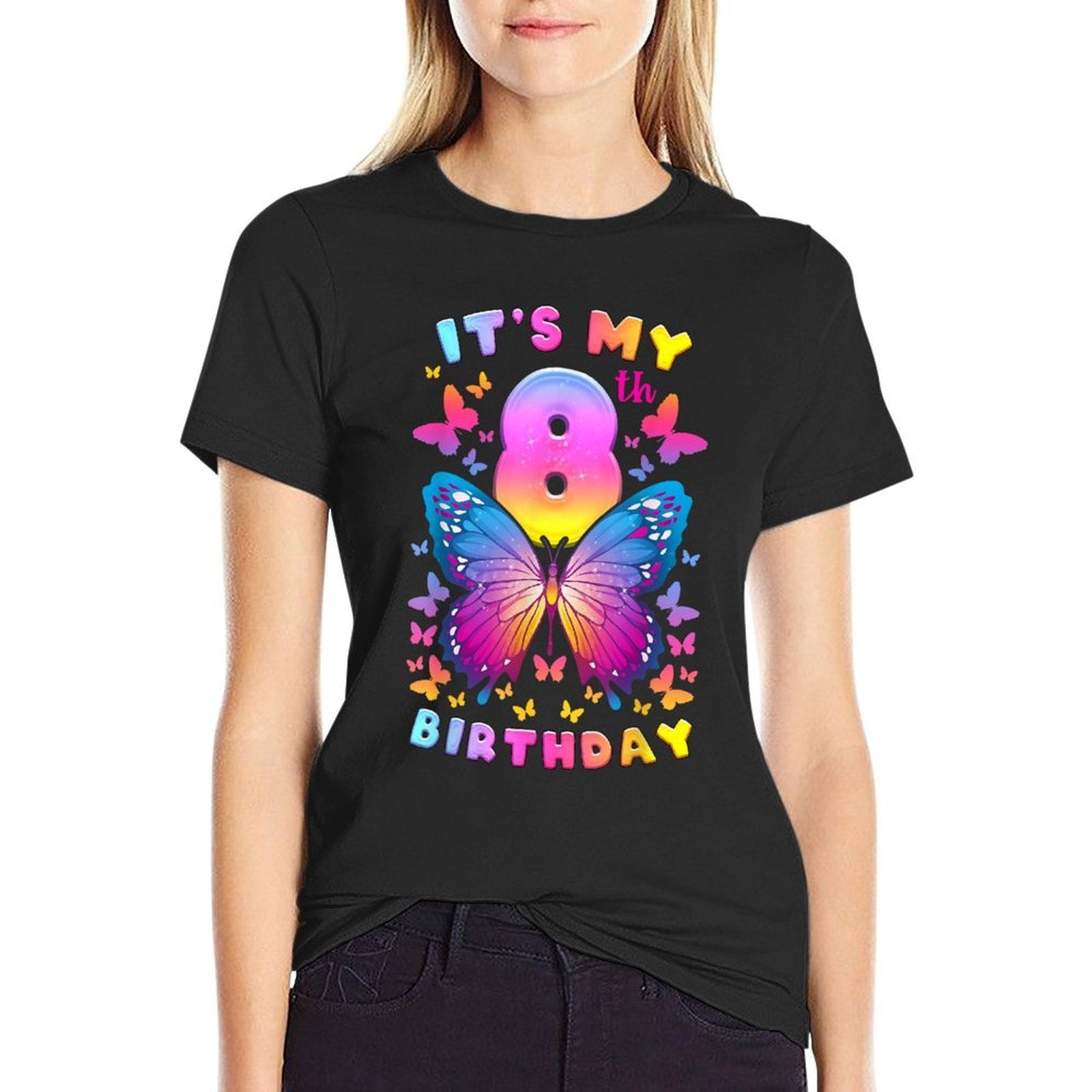 8th Birthday, Girl 8 Years, Butterfly, Number 8  Odor-resistant T-Shirt