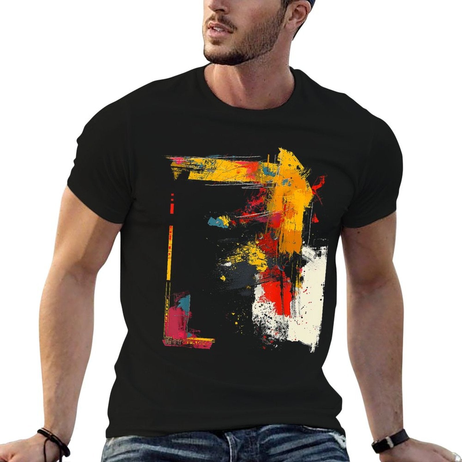 Art Painting Abstract Drawing Graphic Motif  Ribbed Collar T-Shirt