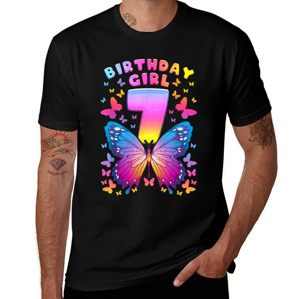 7th Birthday, Girl 7 Years, Butterfly, Number 7  Rolled Sleeves T-Shirt
