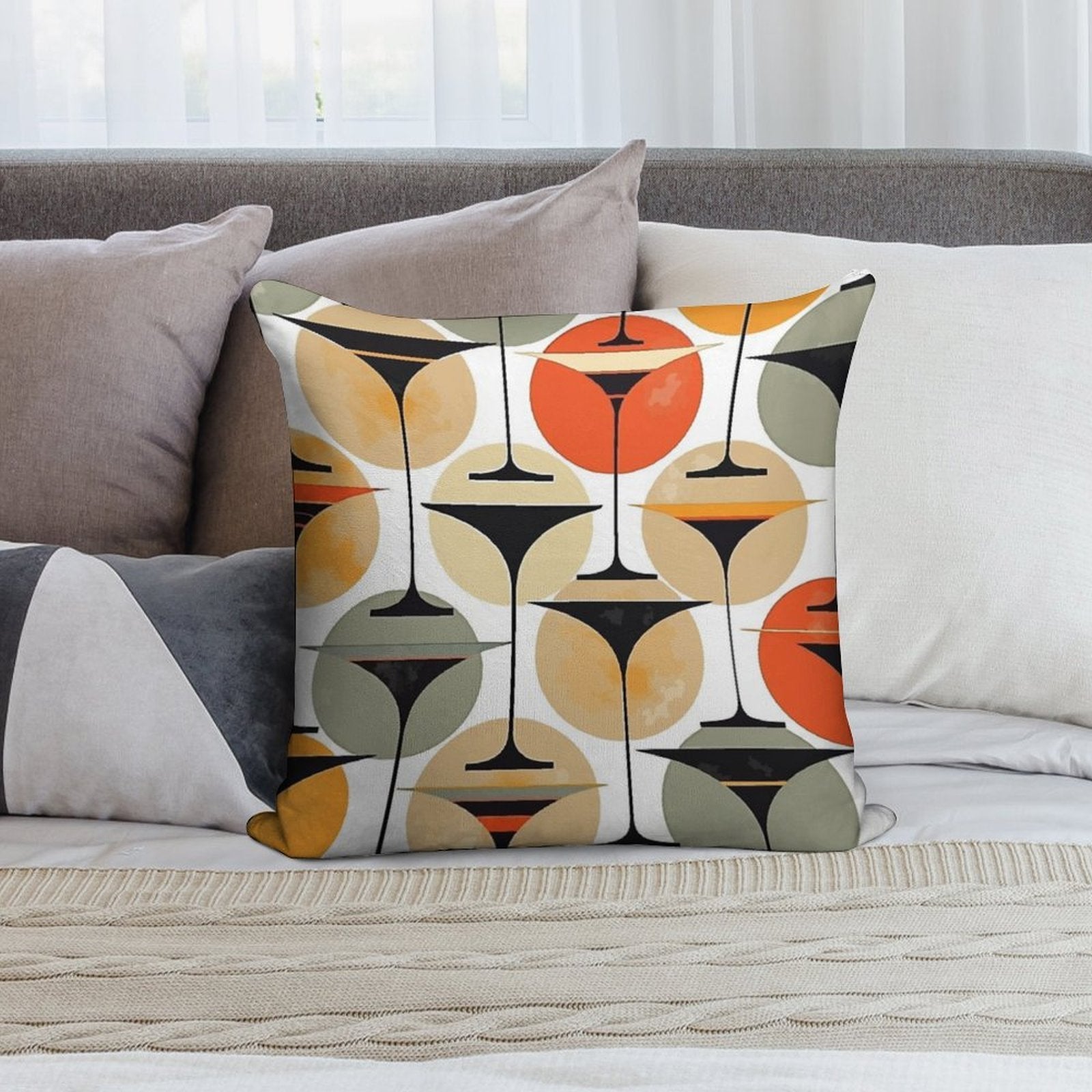 Atomic Fifties Inspired Martinis In Grey, Orange, Cream And Red Soft Gift Ready Throw Pillow