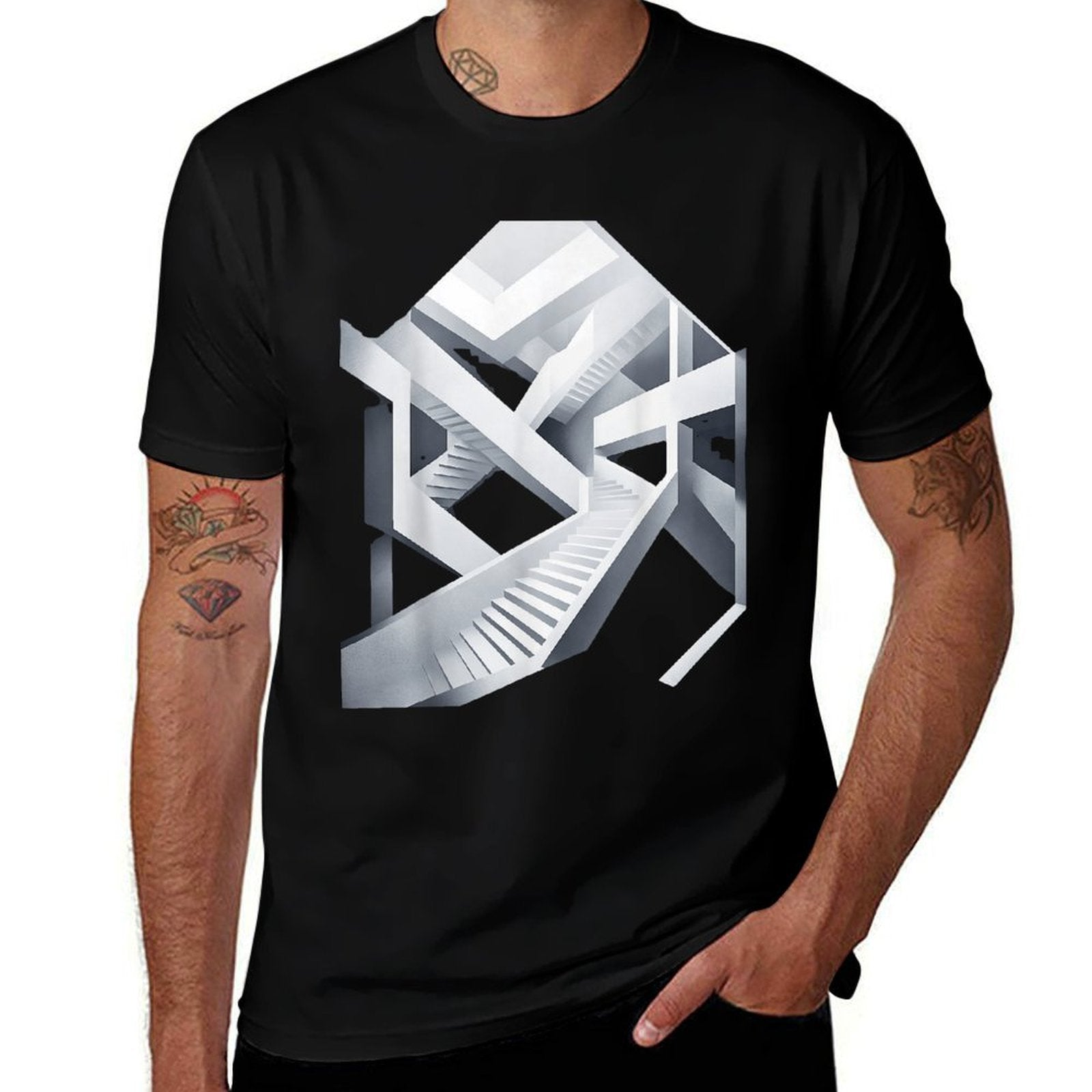 Abstract Monochrome Art Intricate Optical Illusion Geometric Art - Unisex-AdultsKids - Black - Small - - Modern - Geometric - A  High-quality Stitching T-Shirt