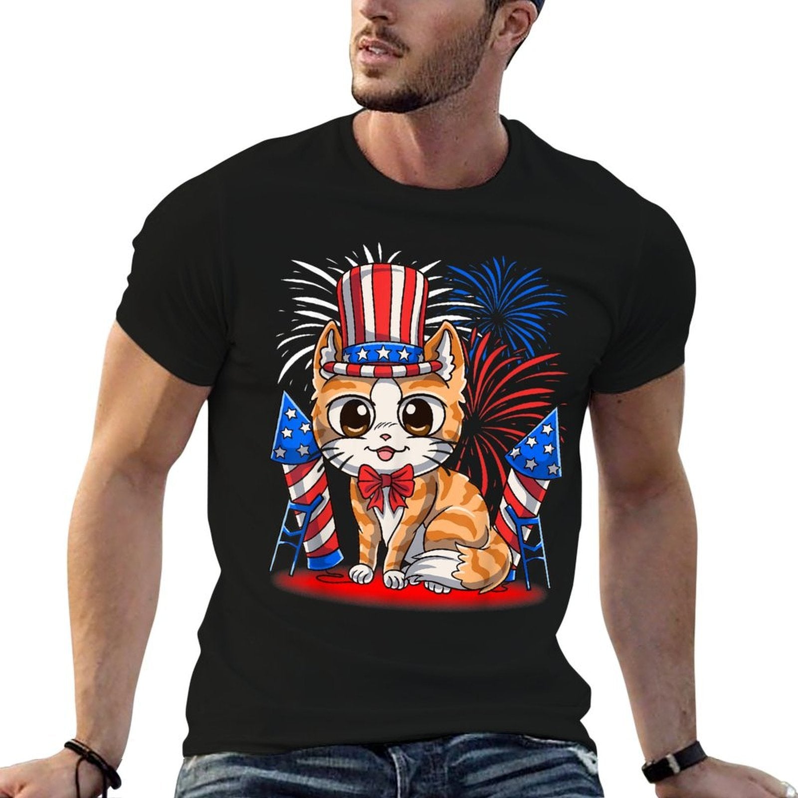 4th of July Patriotic Cat Funny American Meowica Cute Comfortable T-Shirt