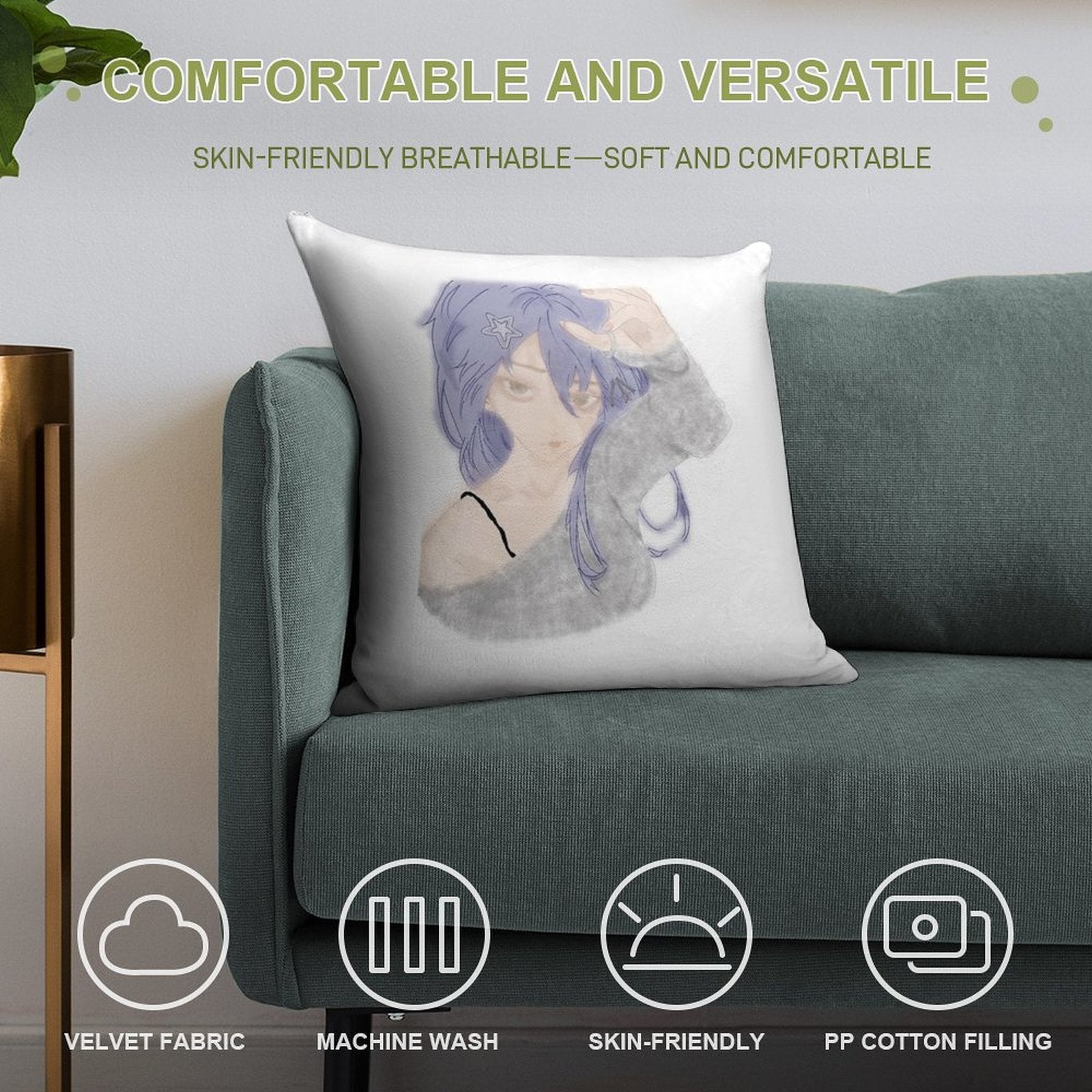 Anime Girl Soft Short Plush Fabric Throw Pillow