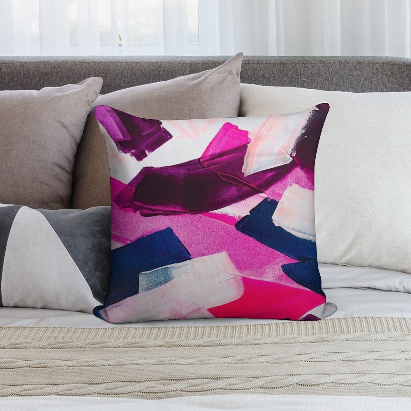 Abstract Art  -  Pink And Navy Soft Hidden Zipper Throw Pillow