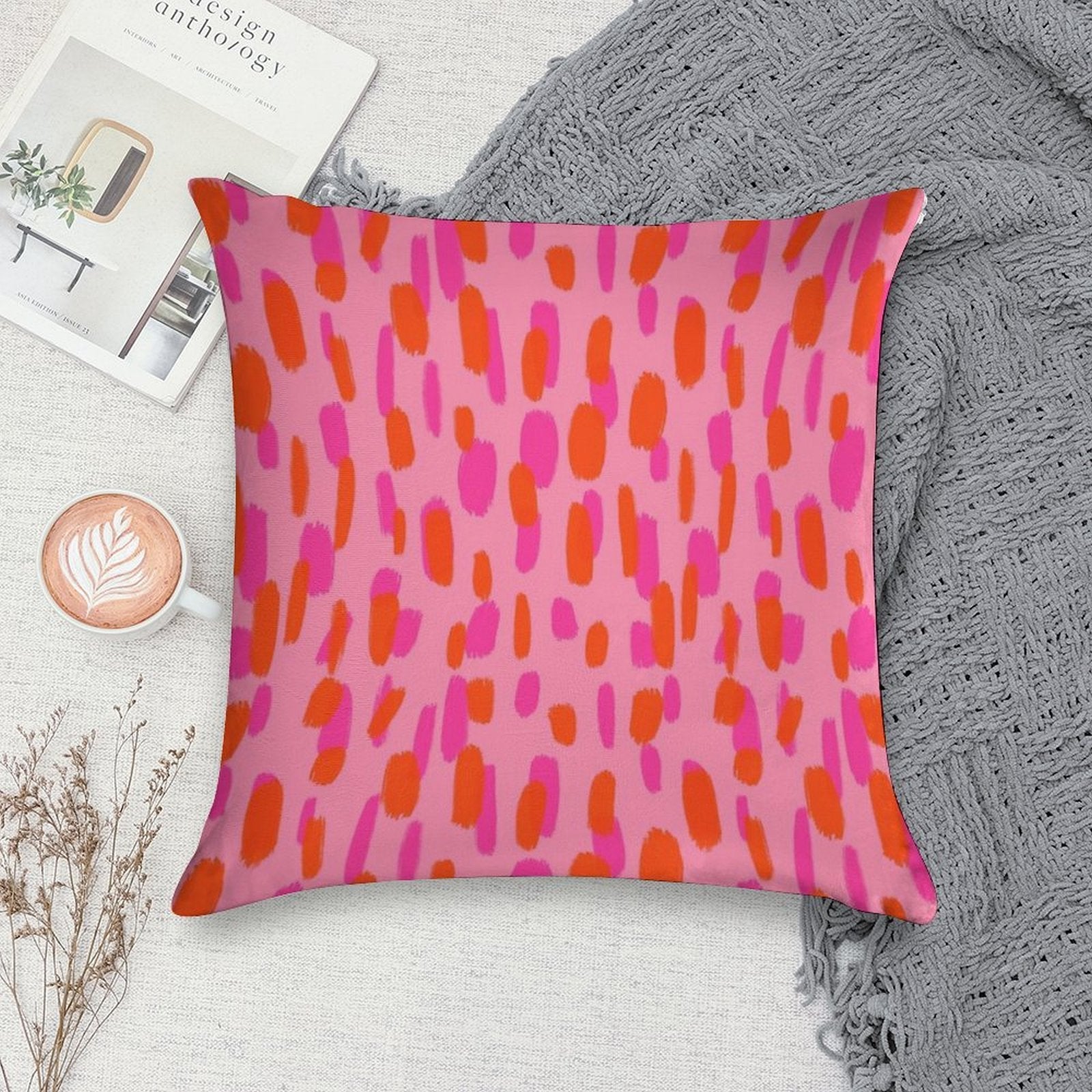 Abstract, Pink And Orange, Paint Brush Effect in Pink Soft Bedroom Essential Throw Pillow