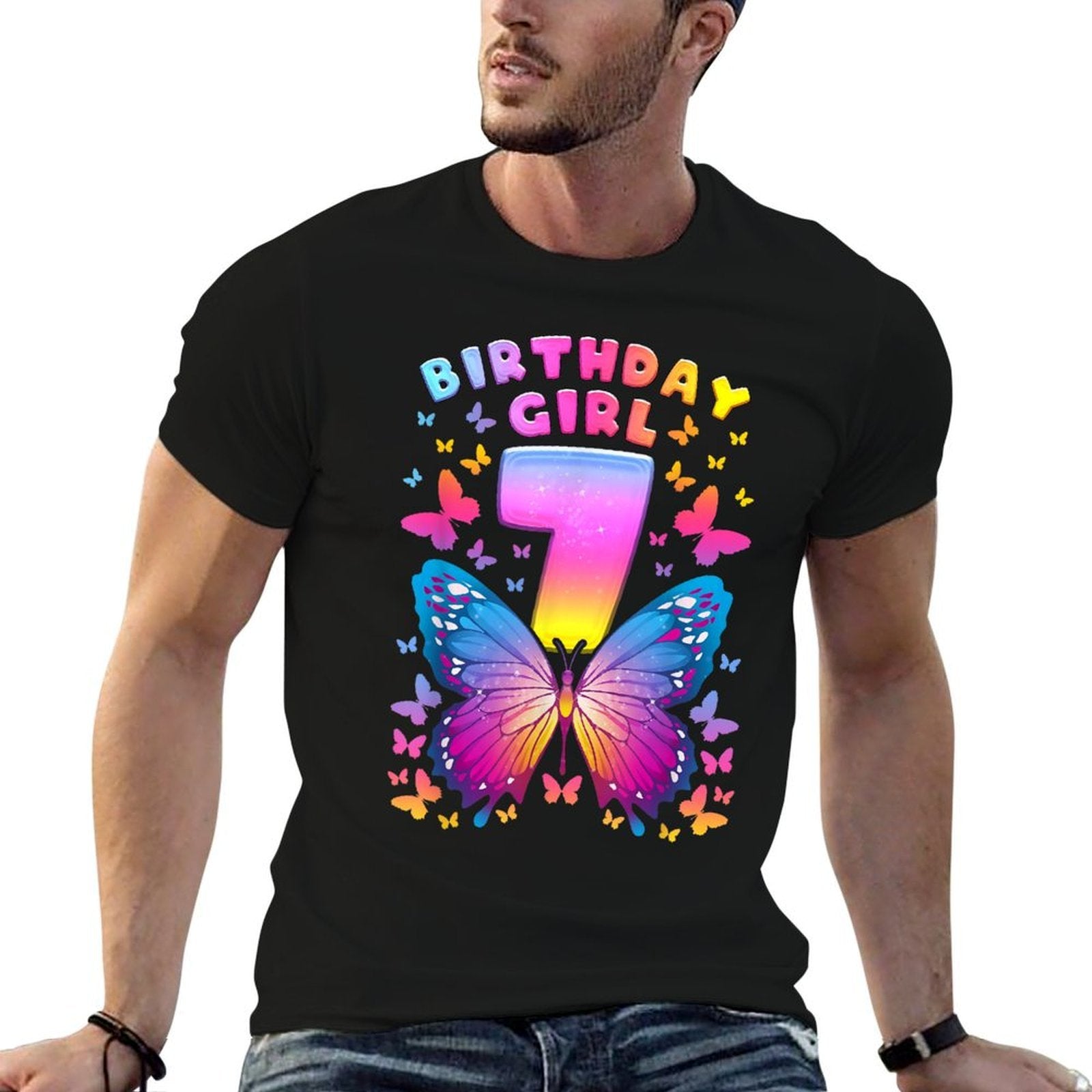 7th Birthday, Girl 7 Years, Butterfly, Number 7  Rolled Sleeves T-Shirt
