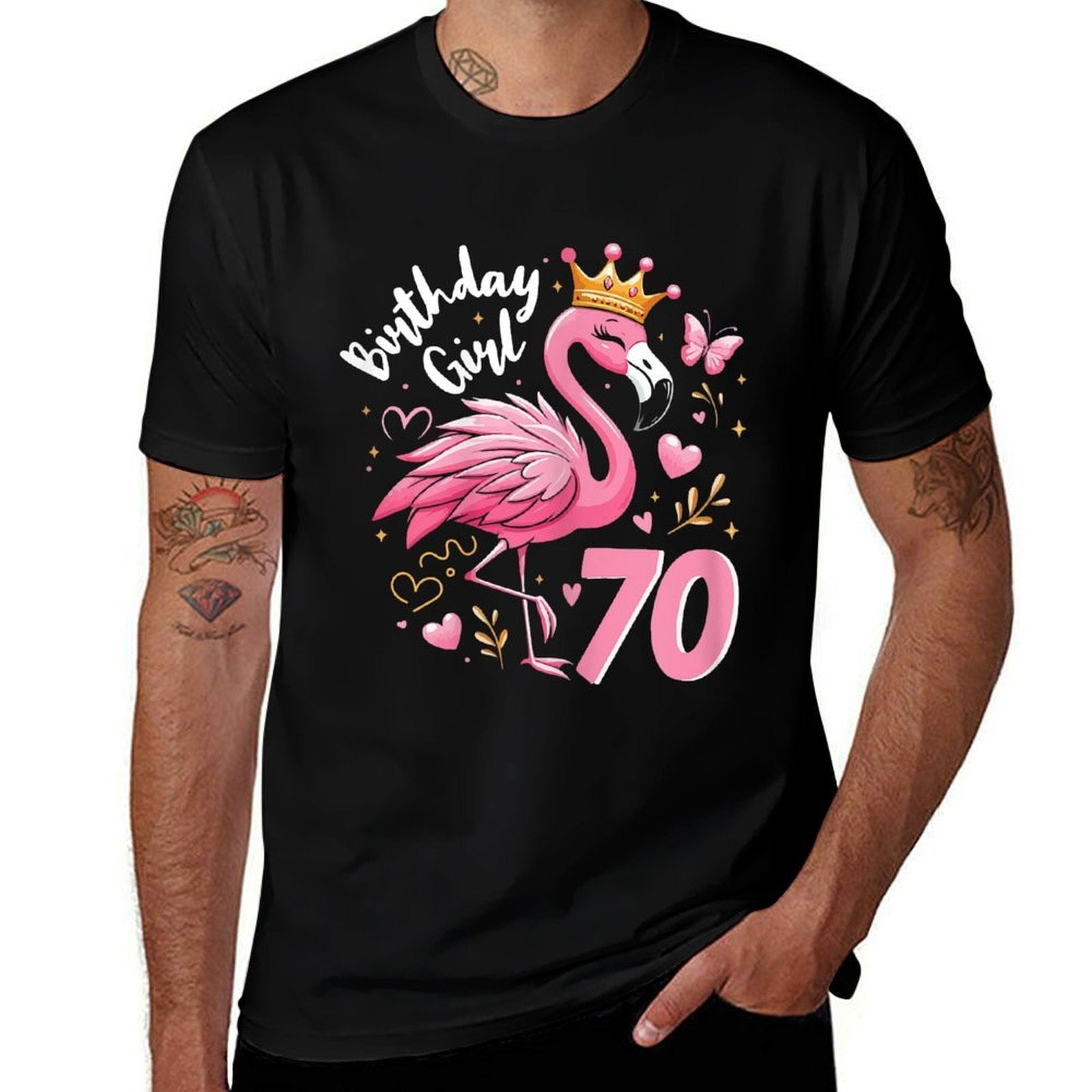 70th Birthday Gift Flamingo Fan 70 Year Old Women 70th Bday  High-quality Stitching T-Shirt