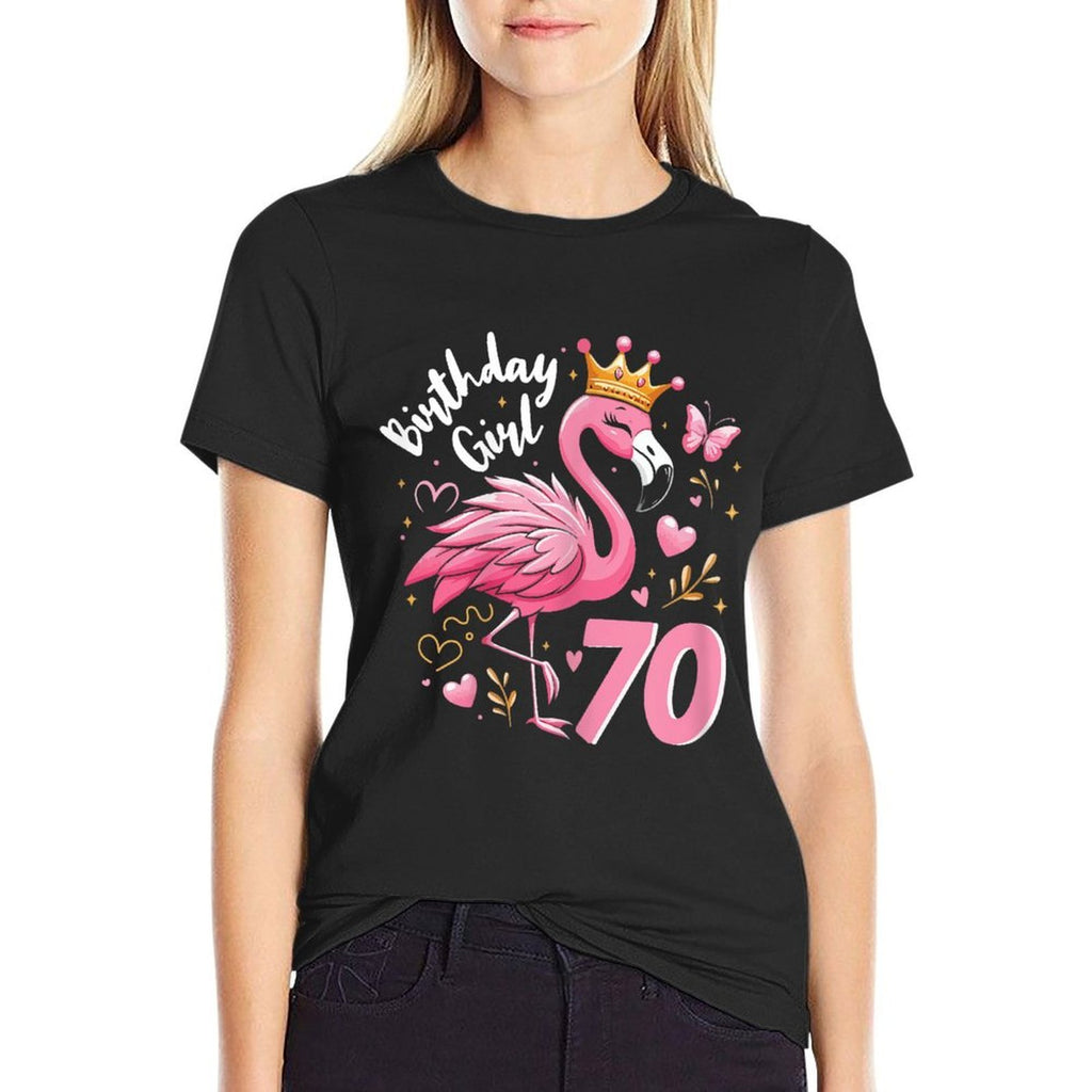 70th Birthday Gift Flamingo Fan 70 Year Old Women 70th Bday  High-quality Stitching T-Shirt