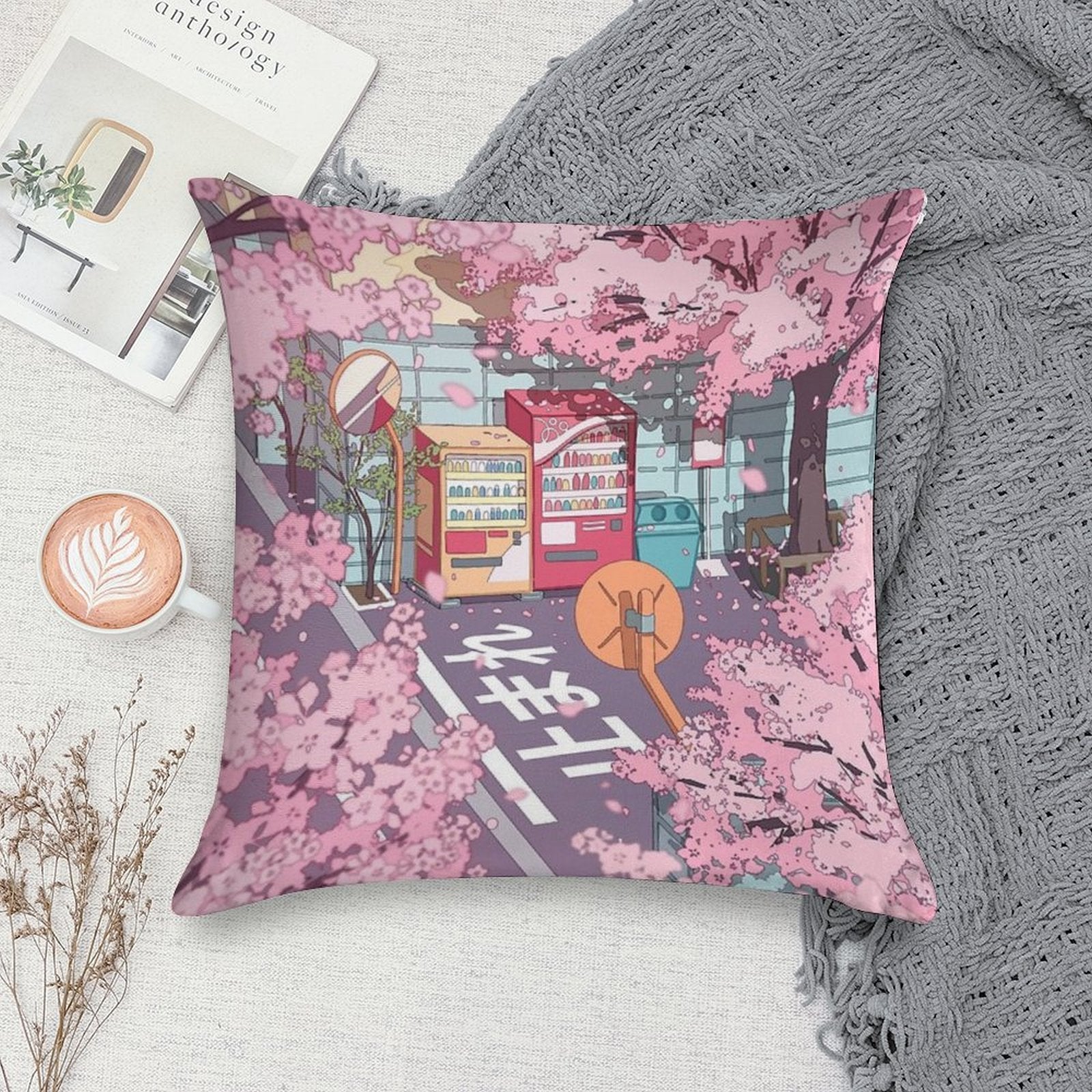 A Beautiful Aesthetic Tokyo Street And  The Pink Sakura Tree Blossom Soft Bedroom Essential Throw Pillow