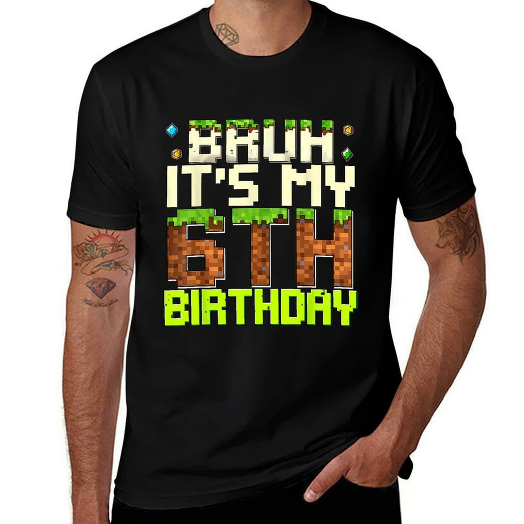 6th Birthday Boy Bruh It's My 6th Birthday Gamer Pixel  Heathered Texture T-Shirt