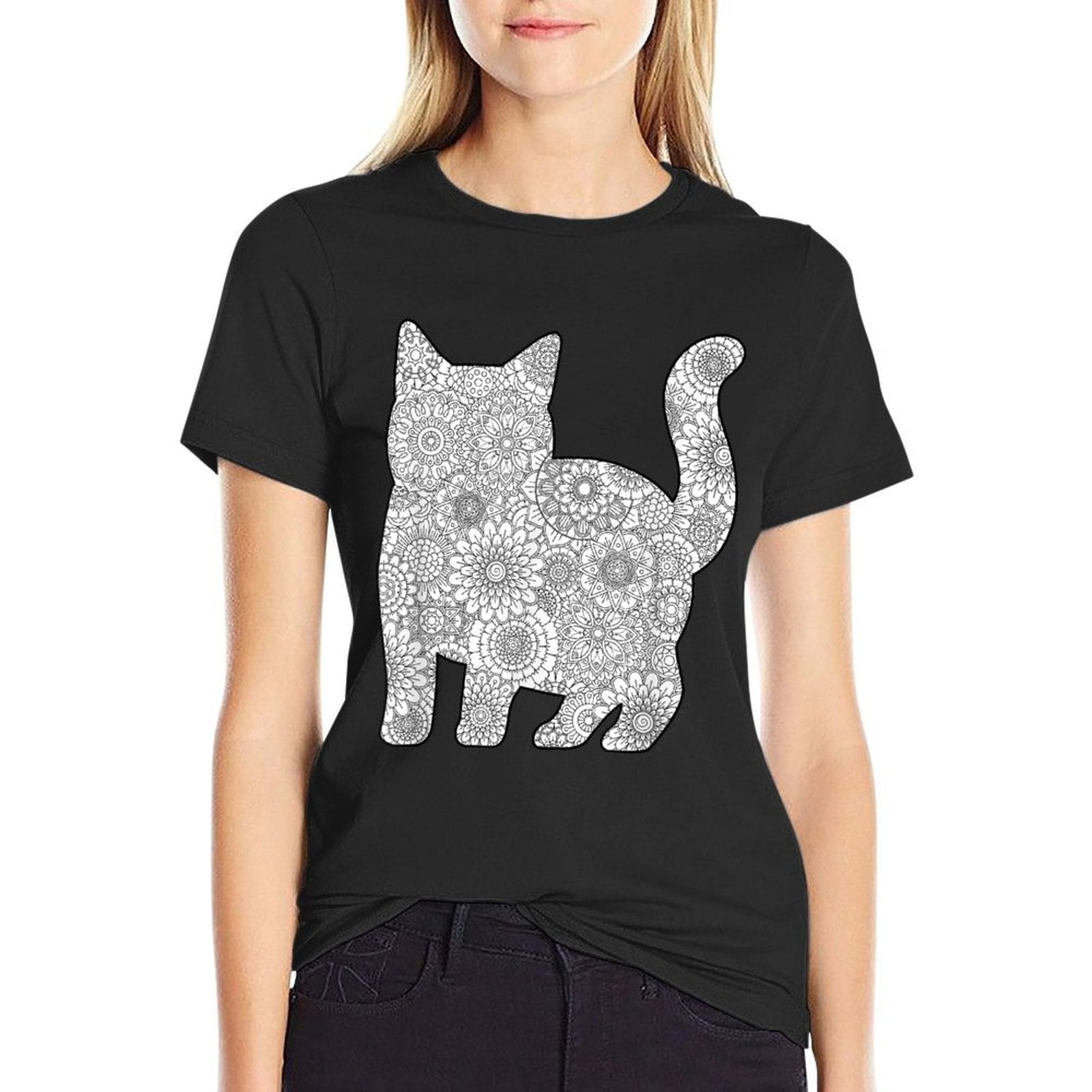 Adult Coloring Book - CAT Mandala Flowers  Ribbed Collar T-Shirt