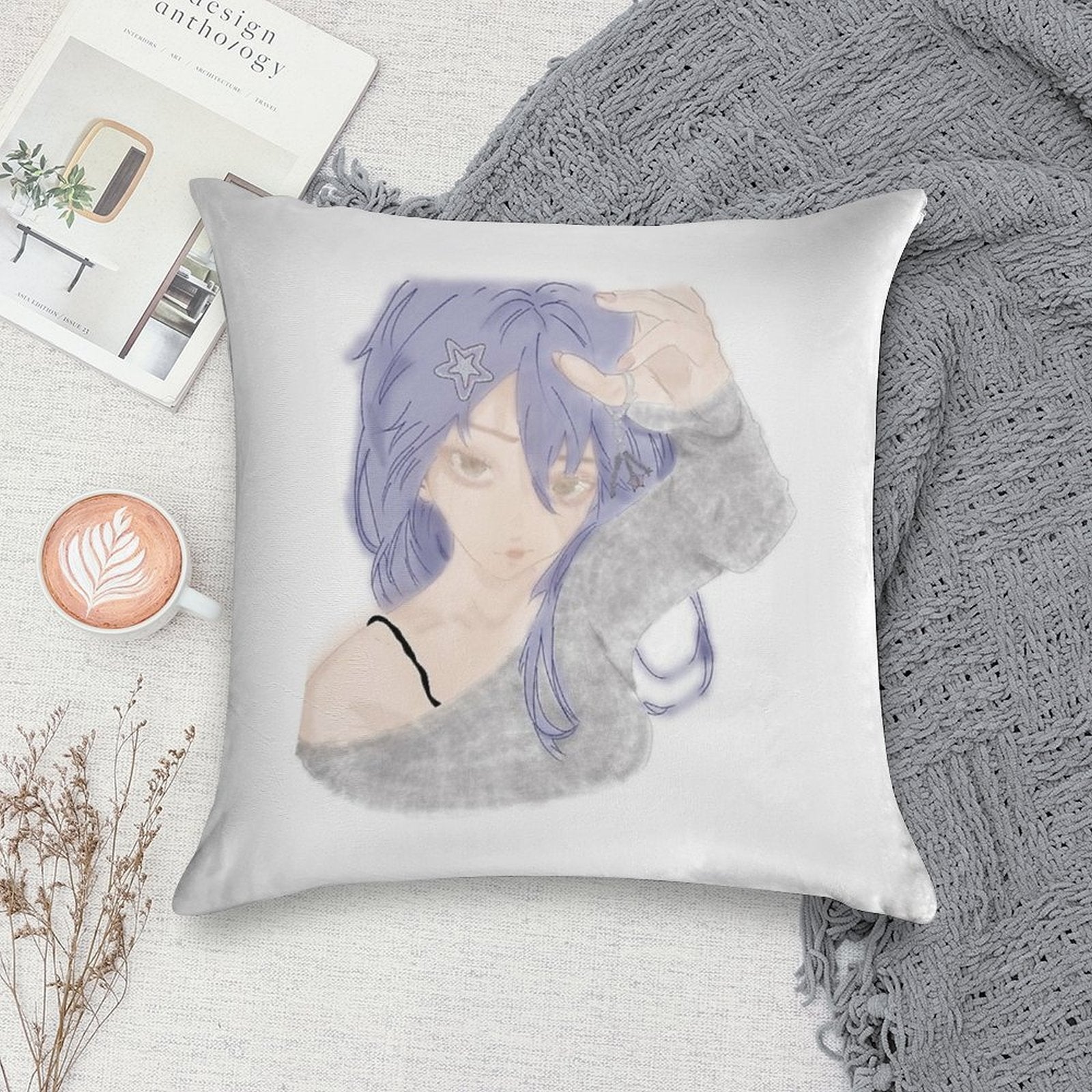 Anime Girl Soft Short Plush Fabric Throw Pillow