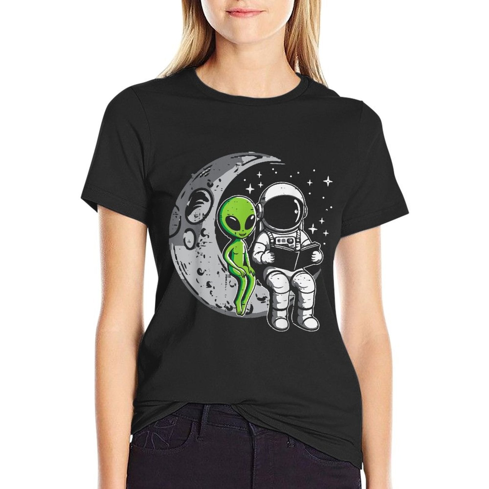 Astronaut Reading Book To Alien Moon Space Women Kids Men  Cotton T-Shirt