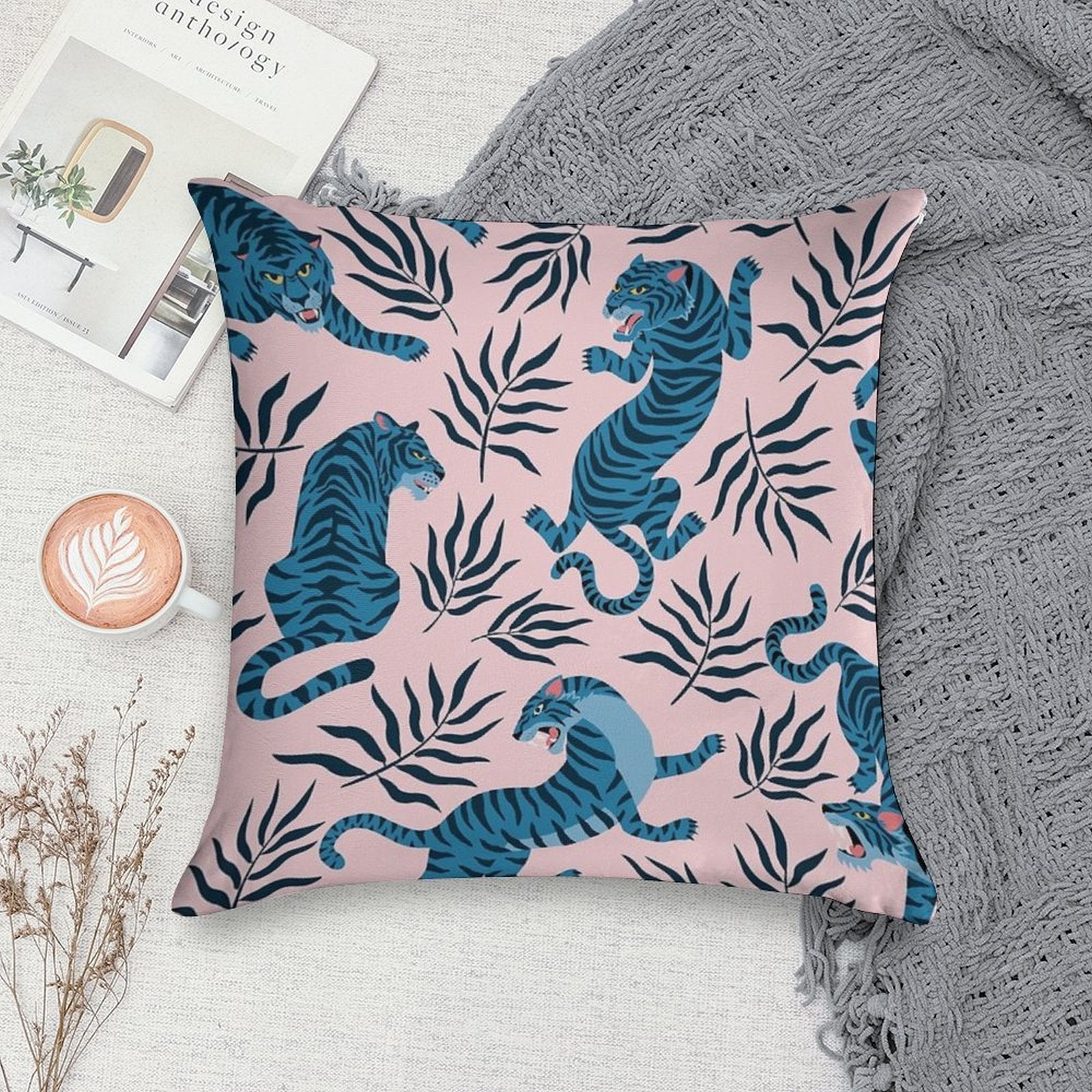 Asian Tigers And Tropical Leaves Soft Reinforced Edging Throw Pillow