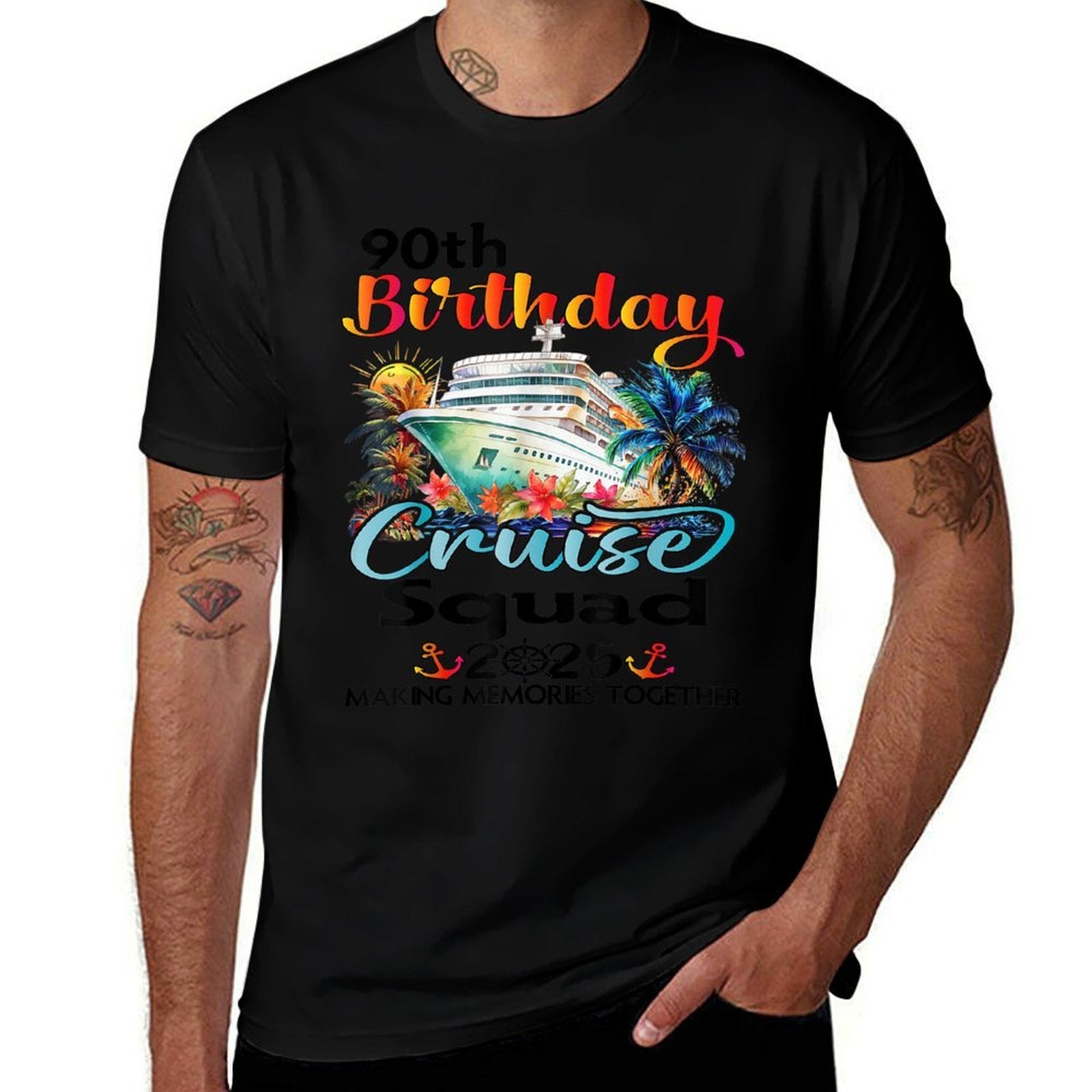 90th Birthday Cruise Squad Friends Family Vacation Matching  Rolled Sleeves T-Shirt
