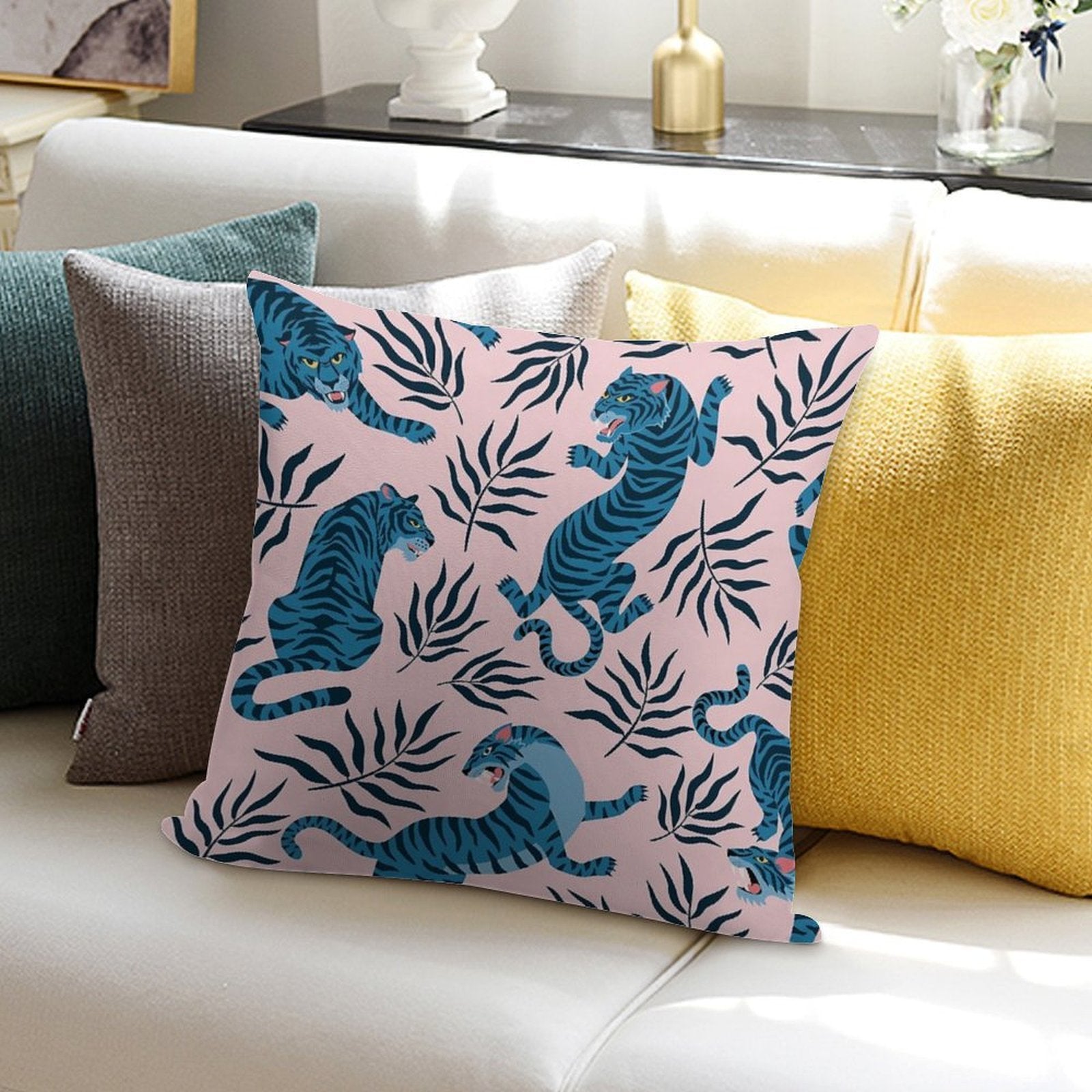 Asian Tigers And Tropical Leaves Soft Reinforced Edging Throw Pillow