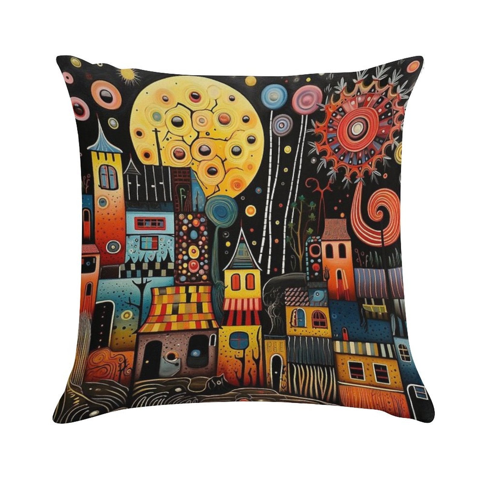 Abstract Folk Art Village Soft Anti-Pilling Throw Pillow