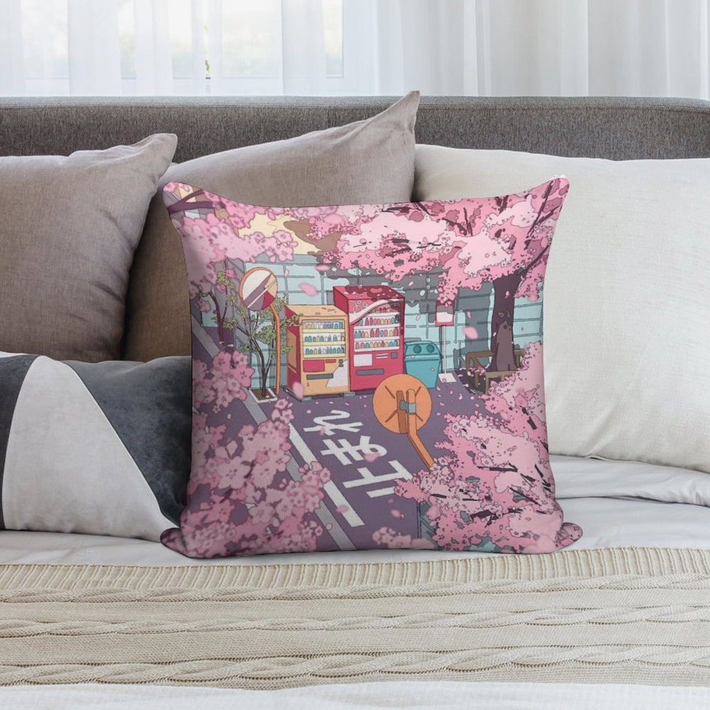 A Beautiful Aesthetic Tokyo Street And  The Pink Sakura Tree Blossom Soft Bedroom Essential Throw Pillow