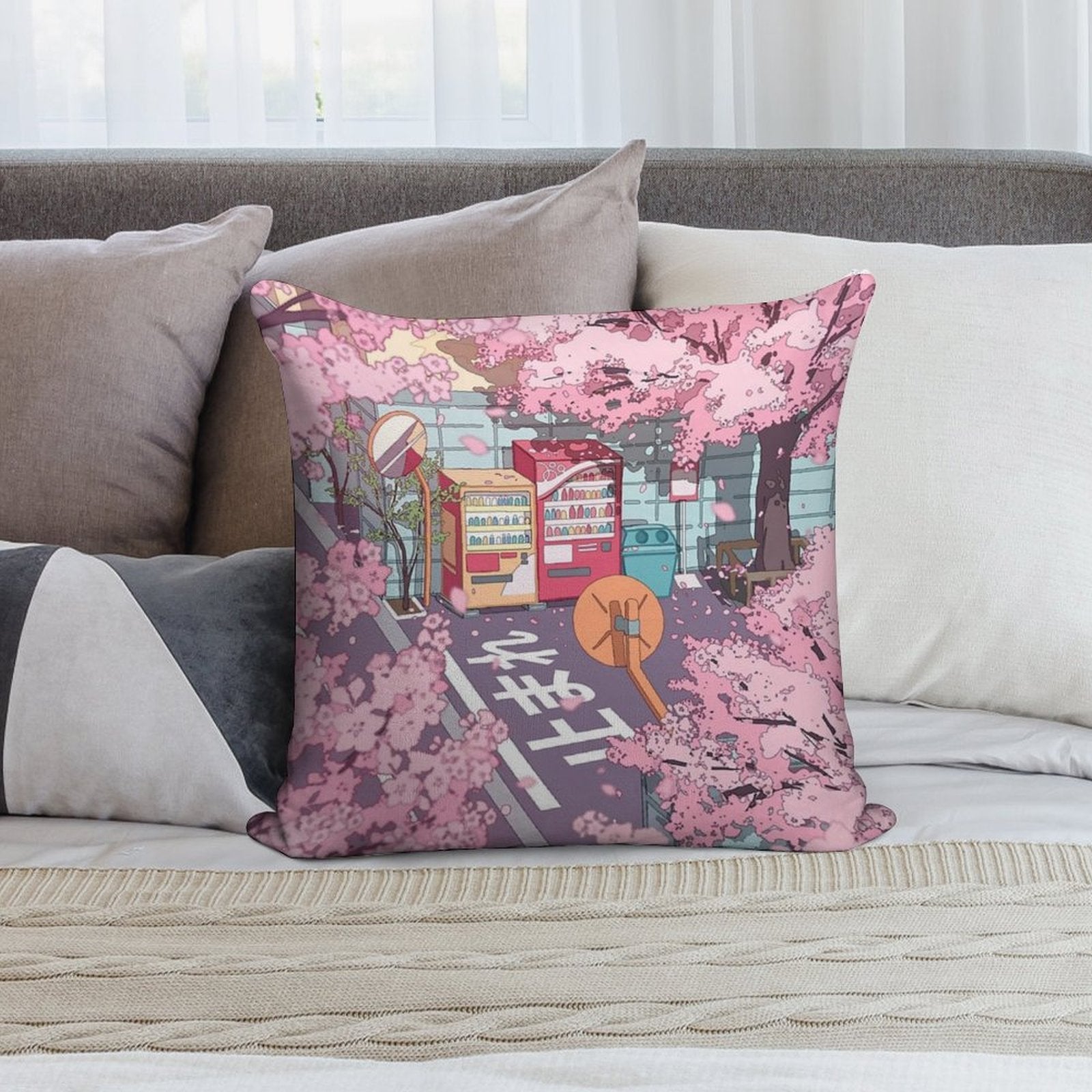 A Beautiful Aesthetic Tokyo Street And  The Pink Sakura Tree Blossom Soft Bedroom Essential Throw Pillow