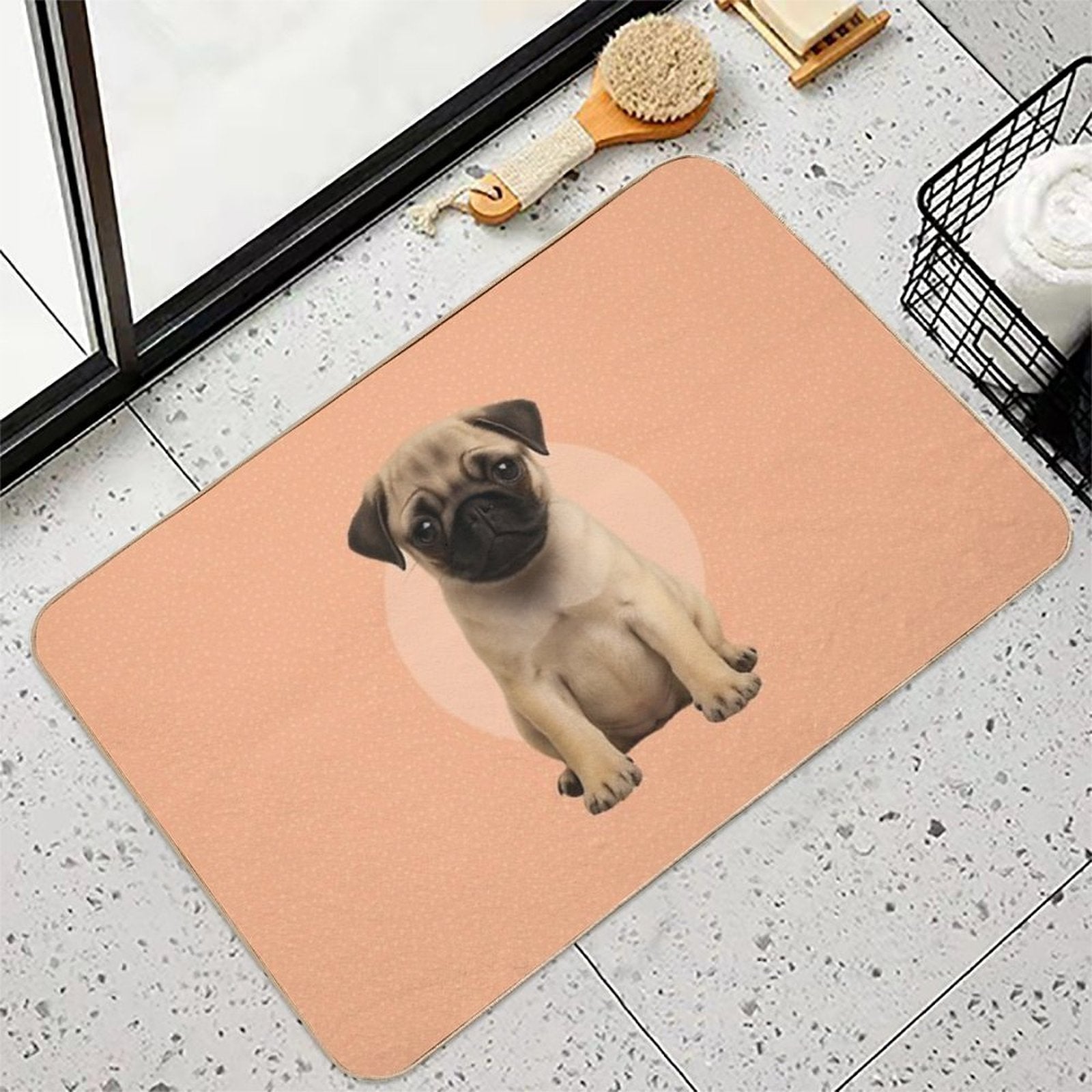 Cute Pug Puppy on Ditsy Background - Peach  High-Traffic Bath Mat