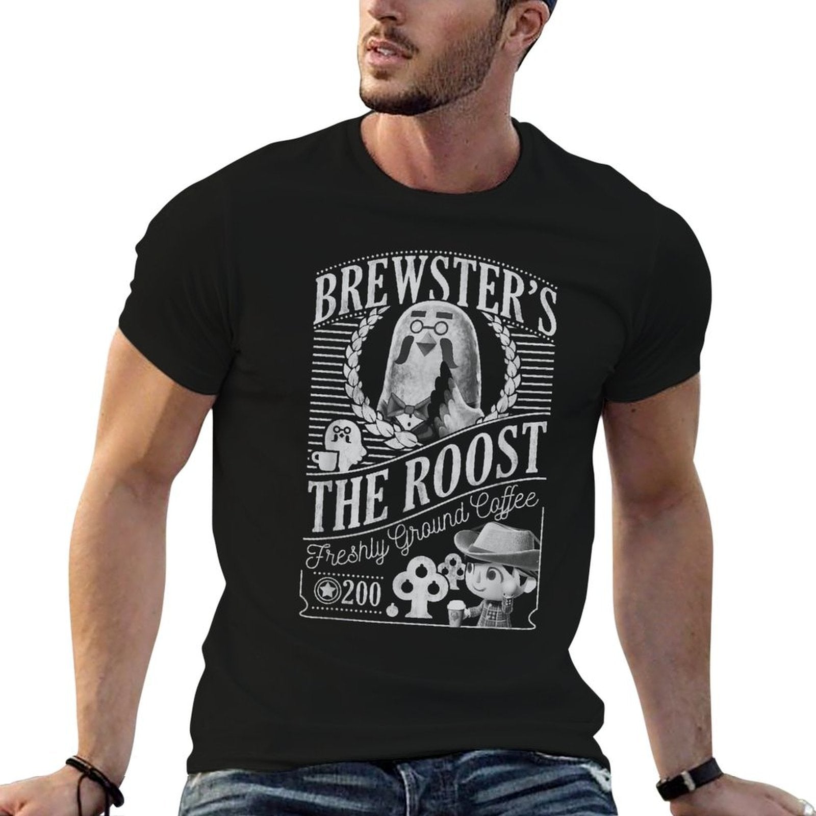 Animal Crossing Brewsters The Roost Graphic  Ribbed Collar T-Shirt