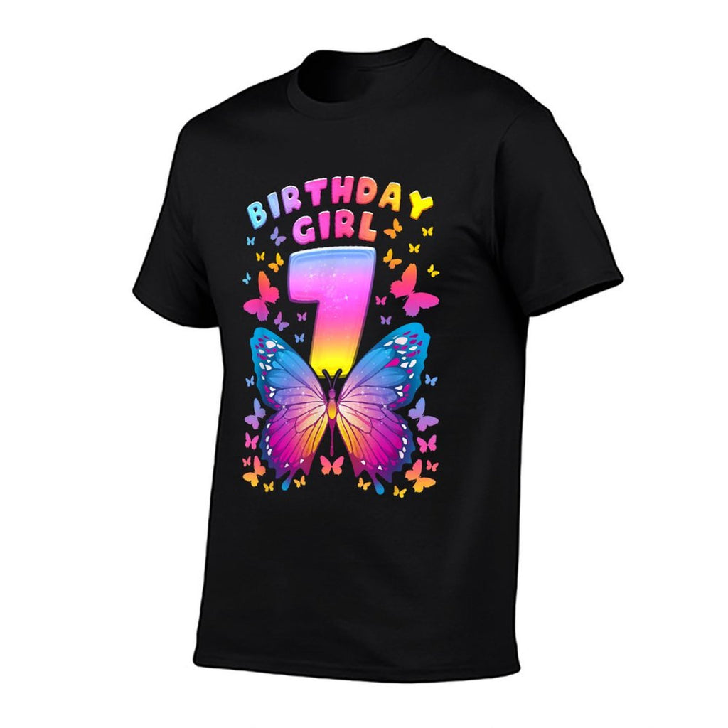 7th Birthday, Girl 7 Years, Butterfly, Number 7  Rolled Sleeves T-Shirt