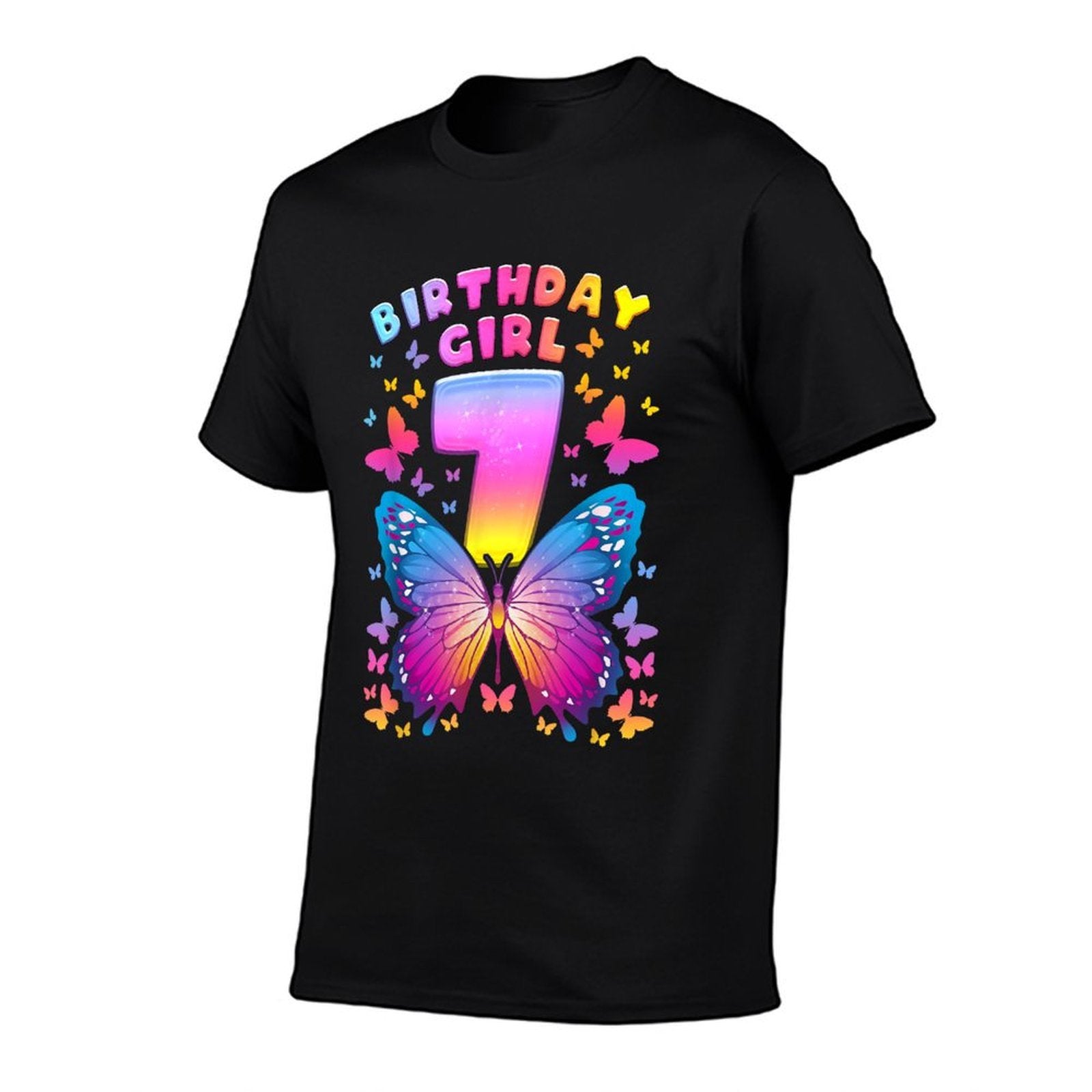 7th Birthday, Girl 7 Years, Butterfly, Number 7  Rolled Sleeves T-Shirt